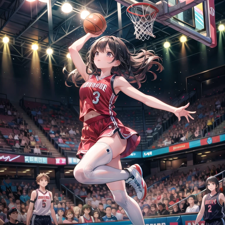 A dynamic and energetic scene featuring a young female basketball player mid-air, performing a slam dunk. She has long, flowing hair and wears a red and white basketball uniform with the number 20. The background shows a packed stadium with blurred spectators and bright lights, adding to the intensity and excitement of the moment. The lighting highlights the player, making her the focal point of the image, with her determined expression and powerful leap capturing the essence of athleticism and skill.