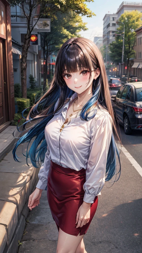((Highest quality, High resolution, masterpiece, detailed)),
Written boundary depth, View your audience, Anatomically correct, 1people, woman, Perfect Face, Cute and symmetrical face, Shiny skin,
(Long Hair, Blunt bangs, Blue Hair), Chestnut brown eyes, (Large Breasts:0.8),
Beautiful details, Beautiful Hair, Beautiful Face, Beautiful clavicle, Beautiful body, Beautiful breasts, Beautiful thighs, Beautiful feet,
(White collared shirt, Red short pencil skirt, Golden Necklace),
(Beautiful views), evening, summer, walk, Tree-lined street, (Cute Smile),