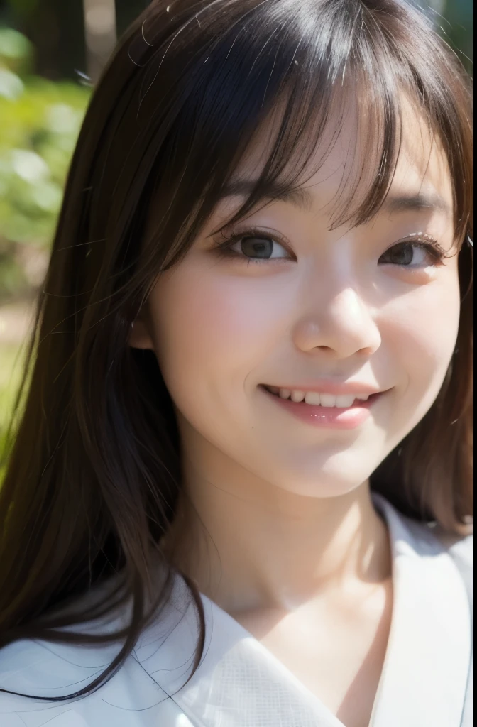 best quality, face focus, soft light, ultra high res, (photorealistic:1.4), RAW photo,(Shinozaki Ai),
1japanese girl, solo, cute, kawaii, smile, (pupil, lights in the eyes),  detailed beautiful face, (busty),(high resolution detail of human skin texture),(long hair),(portrait), chest up, white traditional kimono, in the forest,