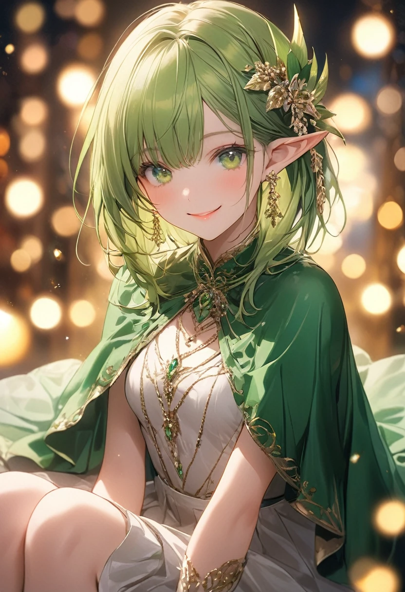 (master piece),(4k),high quality,(small breasts),1girl,elf,long green hair,pale skin,smile,beautiful detailed green eyes, (Highly detailed elegant),(white and green capelet fashion), Magical colors and atmosphere, Detailed skin,The background is soft and blurry,Add a dramatic and symbolic element to your scene, Depth of written boundary, Bokeh, Silky to the touch, Hyper Detail,sitting,create an ethereal atmosphere like a dream