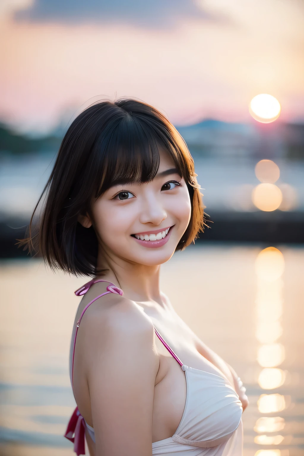 (Hyper Reality: 1.35), (Realistic: 1.4), Beautiful Japanese Women, smile, alone. light makeup, masterpiece, 最high quality, high quality, alone, very good, Latin, puberty, Only one girl, Well trained, muscular, The body is slim,small nipples, Large Breasts, ((最high quality)),((Hello)),((Very delicate and beautiful)),((Very shallow depth of field)), Hmph,((Incredibly shallow depth of field)). family friendly)), (((Very delicate and beautiful)), (((Very shallow depth of field))), Hmph, (((Unbelievably absurd))), (((Black Hair )))) ))), (((Shortcuts))), (((Bob Hair))), ((( Camera Eye)))), (((small ))), (((A happy and wonderful smile))), poor, my + background, Dynamic Angle, Focus on women, {Particles of light}, Detailed background, Soft lighting, (dramatic) sunset), sunset, very beautiful sunset, Live Action, Realistic, cute smile, (blurred background), ,, ((wind)), ((Movement)), ((emotion)), ((colorful)), ((Baby Face)),ful Teeth)), Wither, sea background, No makeup, whole body, ((Underbust)), Micro Bikini, nsfw:1.5,
