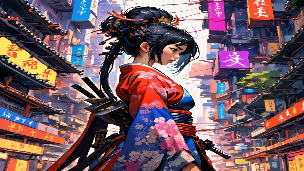 (concept art:1), in a street of a white membranous organically inspired pulsating city, the buildings glow internally with many bright colors, curvaceous, electric veins, metal beams, towering, interlocking, interconnected, organic, cosmopolitan, multicultural, traditional, bridges, crowded, utopia, nature, overgrown BREAK a traditional \(cyber fiber\) samurai princess, brooding, overwhelmed, wistful, melancholy, arm support, sharp focus, wide angle, landscape, dichotomy, severanc