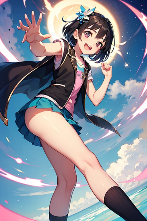 Highest quality、Black Hair、Iris、short hair、girl、cute、16 years old、、Small hair ornament、1 person、one piece、Panty shot、Low angle shot、Peering from below、A happy look、Full of energy、