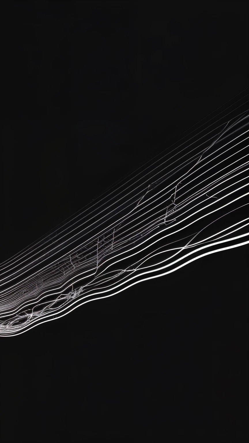 an abstract design on a dark background with smooth horizontal lines representing a main linear temporal flow, with few branches departing from the main flow and running approximately parallel along this flow, representing alternative realities