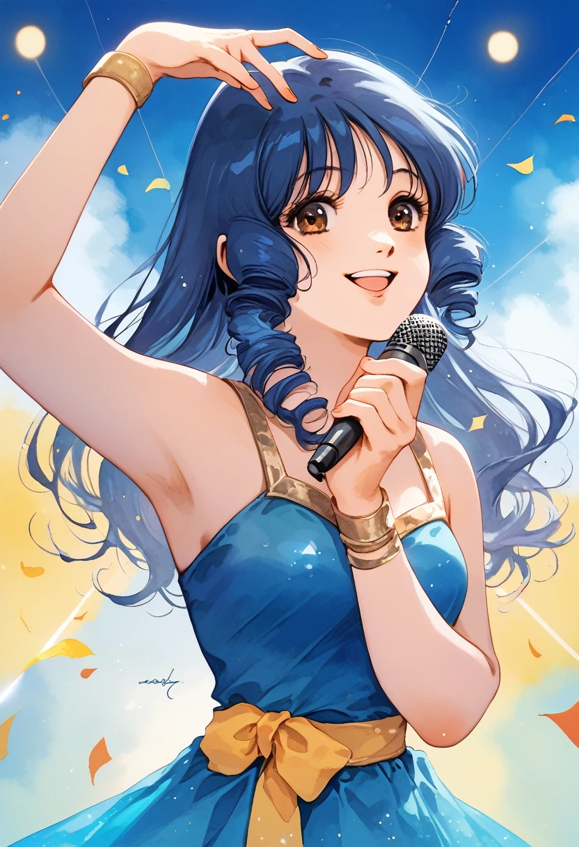 score_9,score_8_up,score_7_up,masterpiece,best quality, source anime, (watercolor:1.2), super detailed, extreme detailed, rating_safe,
1girl, solo, Lynn Minmay, 22yo, long hair, blue hair, drill hair, brown eyes, 
shiny hair, beautiful detailed eyes, beautiful face, 
sexy idol costume, tight mini skirt, 
singing, smile, arm up, Hand Microphone, upper body, (from front), 
idol stage, cool lighting, lighting like a movie, audience,