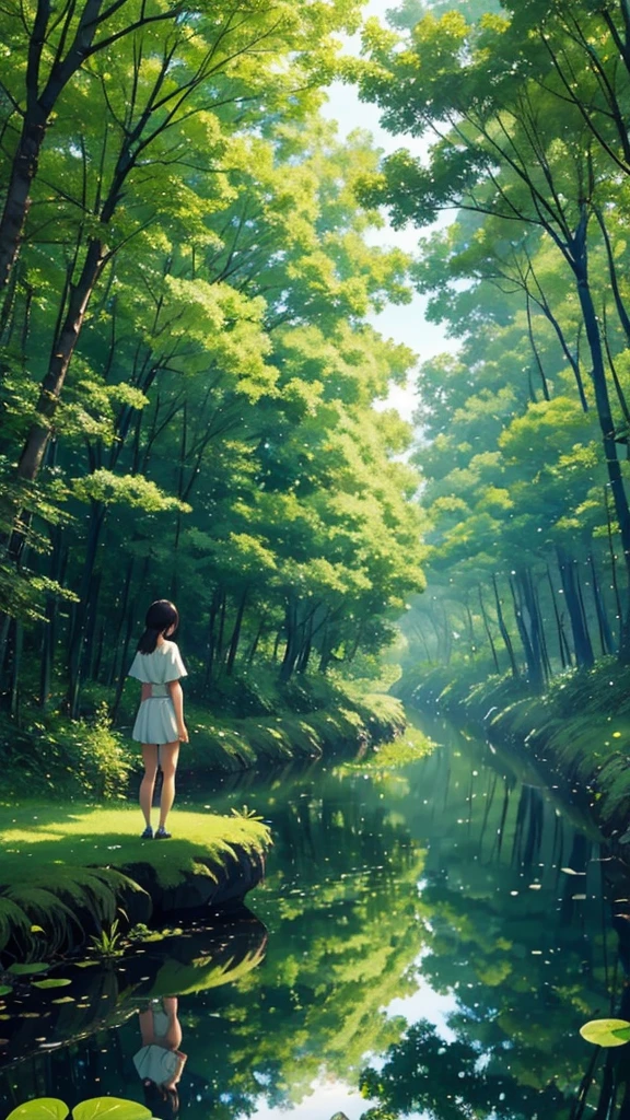 Every green空 carries the promise of a new dawn. Accept the outcome, Paving the way for a beautiful beginning,Beautiful nature paintings. green,green空, green、A woman is reflected in the photo.、Back view