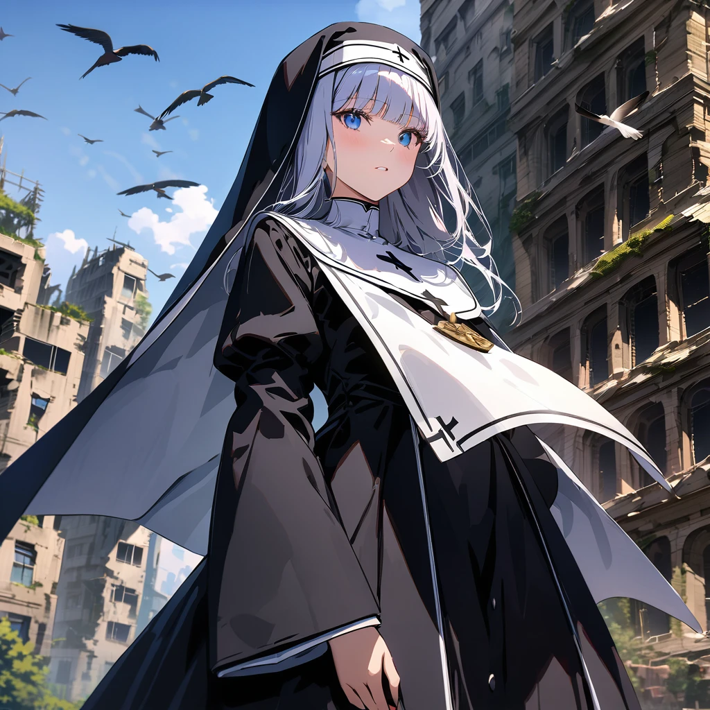Flying Machine Angel Nun, Flying Birds, Ruins, Background, Detailed Background, Detailed Description, 4K, UHD, Absurd, Ultra High Quality, Masterpiece,