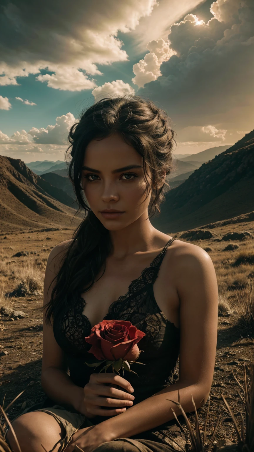 A hauntingly beautiful image of a weathered human skull resting on the ground, with a vibrant red rose emerging from its eye socket. The background features a breathtaking landscape of lush green mountains under a dramatic sky, casting soft, diffused light over the scene. The foreground is filled with dry grass and small stones, enhancing the contrast between life and death. Photorealistic rendering, cinematic lighting, and a touch of surrealism create a striking visual narrative.