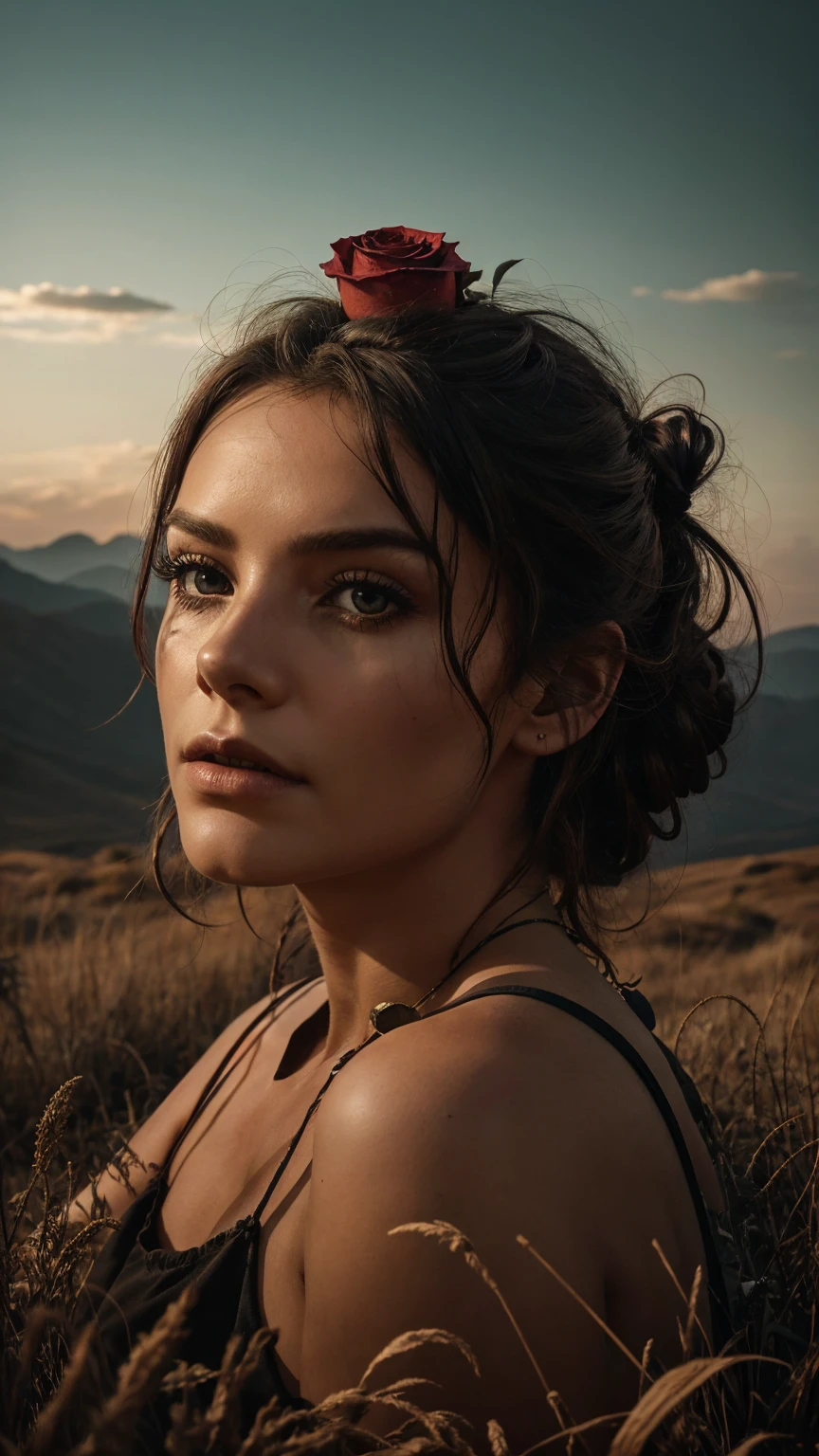 A hauntingly beautiful image of a weathered human skull resting on the ground, with a vibrant red rose emerging from its eye socket. The background features a breathtaking landscape of lush green mountains under a dramatic sky, casting soft, diffused light over the scene. The foreground is filled with dry grass and small stones, enhancing the contrast between life and death. Photorealistic rendering, cinematic lighting, and a touch of surrealism create a striking visual narrative.