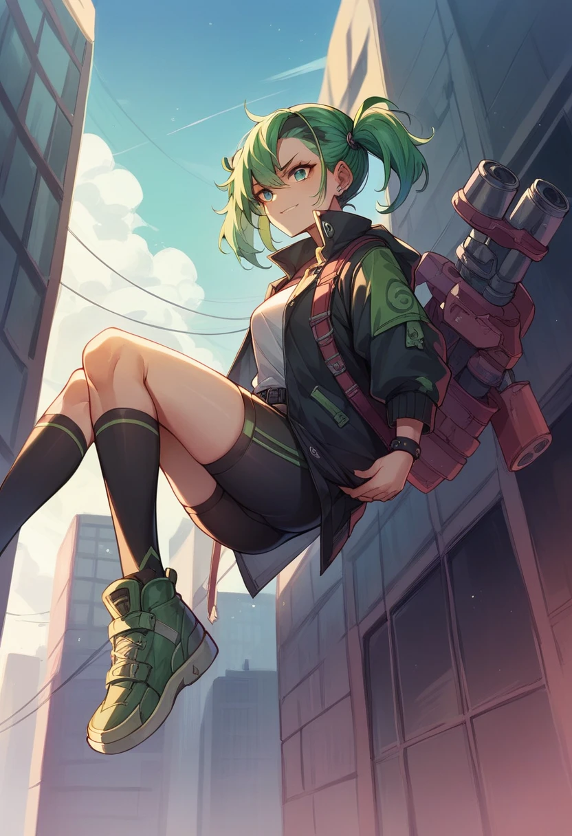 cyber punk、girl、green、Twin tails、Carrying a weapon、Night view、skyscraper、Crouch down