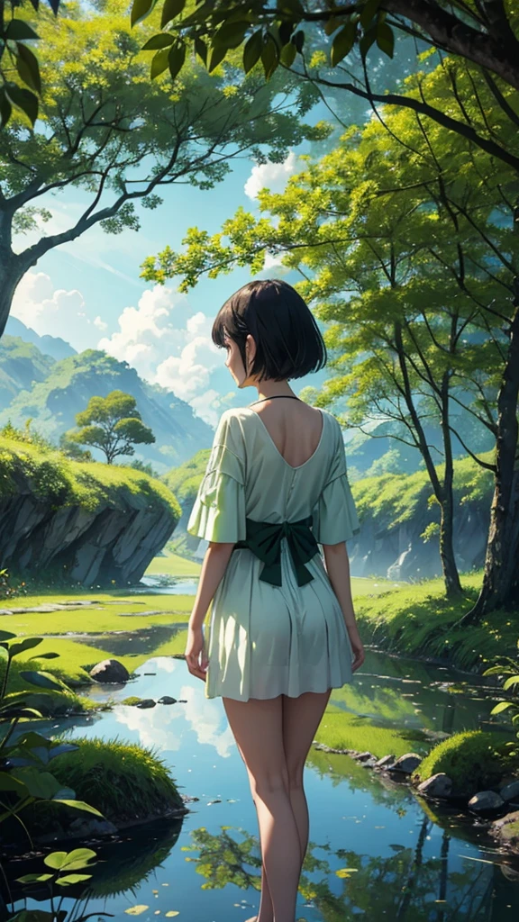 Every green空 carries the promise of a new dawn, Paving the way for a beautiful beginning,Beautiful nature paintings. green,green空, green、A woman is reflected in the photo.、Back view