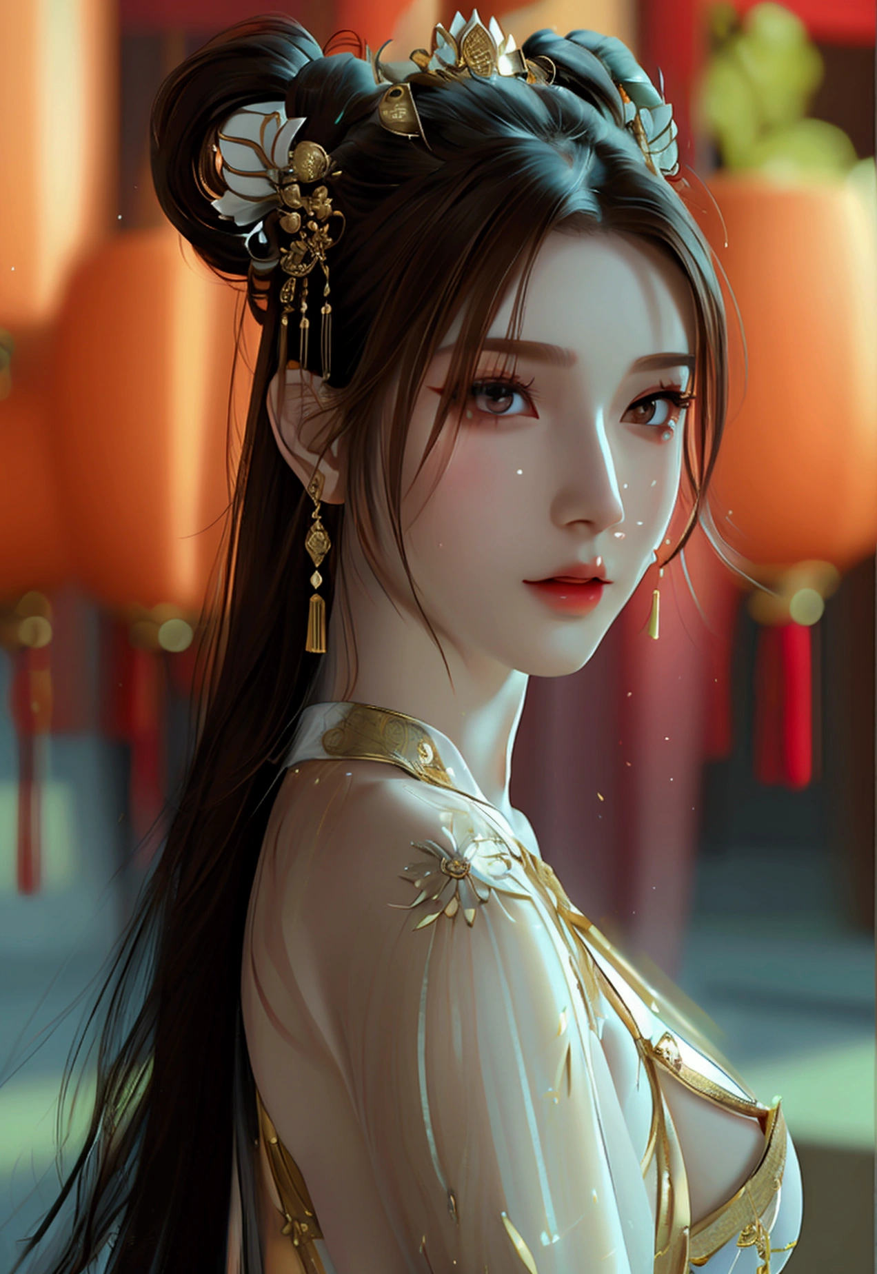 4K, UHD, Masterpiece, 1 woman, perfect body, Good page., long hairมาก, ((white skin)), red chinese dress, bare waist, Fuji Color, depth of field, Ray Tracing, Ultra Realistic Details, Attractive poses, She has a slim, beautiful, and delicate face.., sharp eyes, long hair, responsive face, high nose, and thin lips, Her skin was white and radiant.., She has light brown hair.., And her figure was slim and slightly muscular.