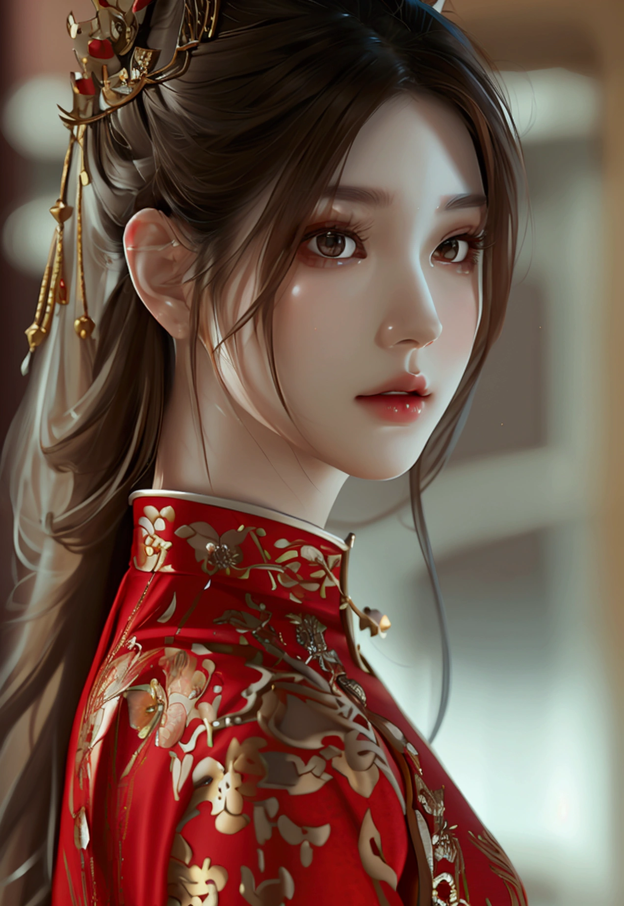 4K, UHD, Masterpiece, 1 woman, perfect body, Good page., long hairมาก, ((white skin)), red chinese dress, bare waist, Fuji Color, depth of field, Ray Tracing, Ultra Realistic Details, Attractive poses, She has a slim, beautiful, and delicate face.., sharp eyes, long hair, responsive face, high nose, and thin lips, Her skin was white and radiant.., She has light brown hair.., And her figure was slim and slightly muscular.