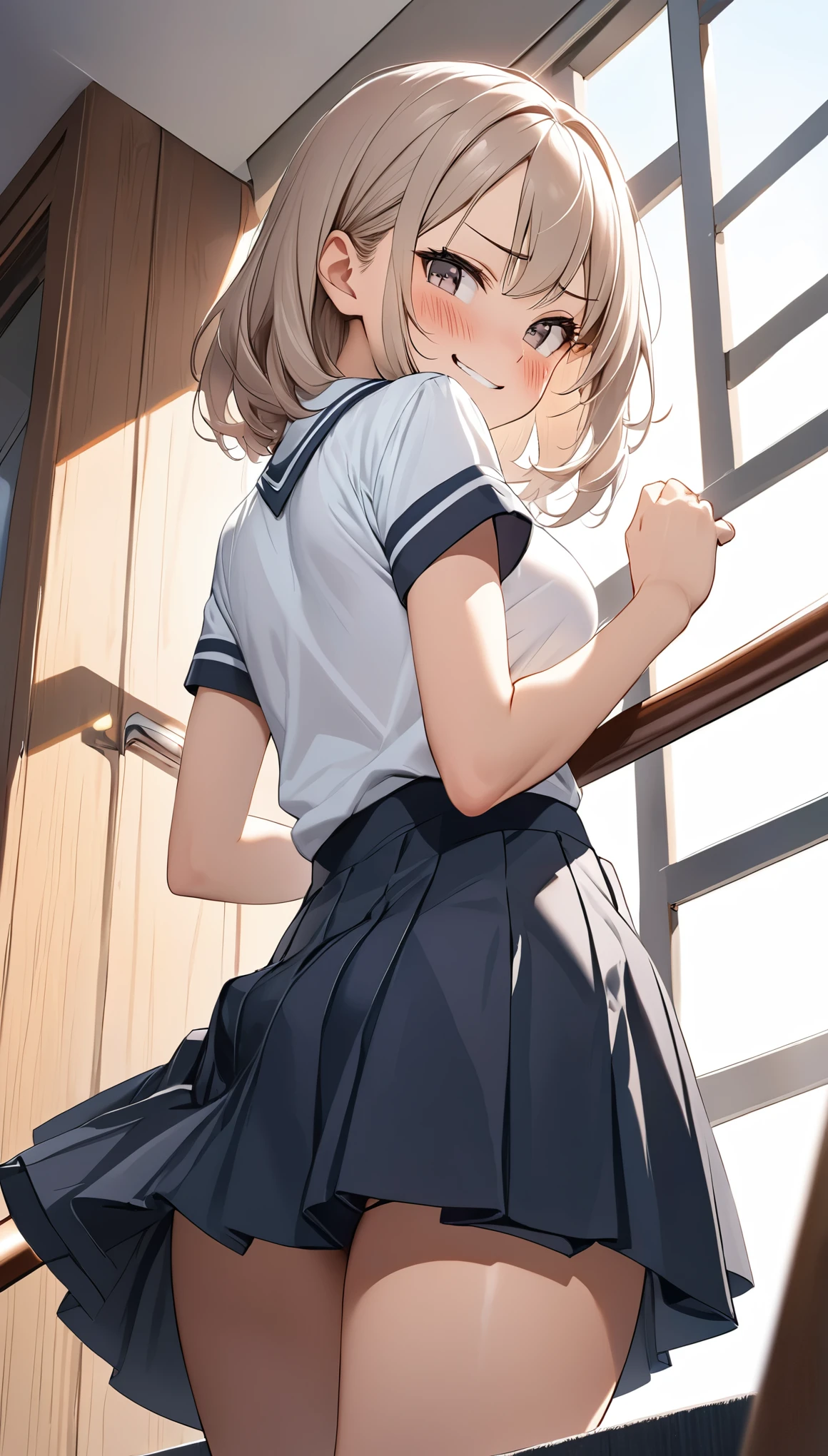 High school girl climbing the stairs, alone, Attractive mature appearance, Turn your back and look at me, (Hold down the mid-length skirt with both hands:1.5, So that underwear is not visible), Detailed and accurate, BREAK A lovely look of disgust, Mischievous Smile, blush, (Low angle shot:1.4), ARW, Cute Shyness, Hold down your skirt, 