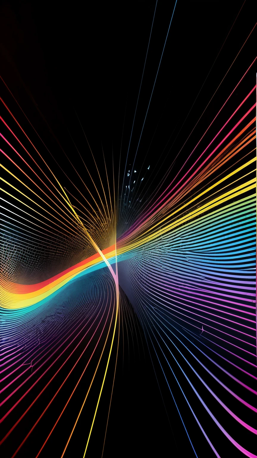 a colorful abstract design on a dark background with smooth horizontal lines representing a main linear temporal flow, with few branches departing from the main flow and running approximately parallel along this flow, representing alternative realities