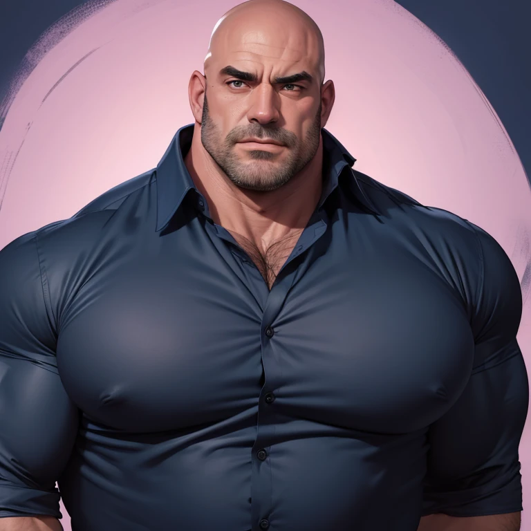 an exaggeratedly muscular and large bald bodyguard, (navy blue shirt: 1.2), (exposed pecs: 1.1), (bara pecs: 1.3), (hairy pecs: 1.1), portrait HD, pink background light