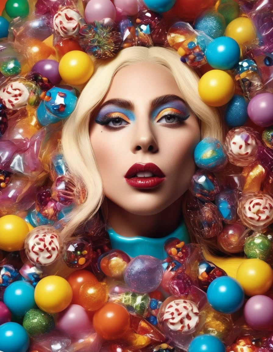 um close de lady gaga fantasiada com dolces e pirulitos, dolce, feito de dolce, esculpido em dolces, everything is feito de dolce, gum body, inspired by Jeff Koons, feito de dolce and lollypops, made from lollypops, inspired by David LaChapelle, feito de dolces, best qualityer, realisitic, realisitic, award-winning illustration, (Highly detailed face and skin texture), (fully body), (Complicated Detail: 1.2), (finely detail), (Complicated Detail), (Cinematic Lights, luz de fundo de best qualityer), Sharp lines, sharp focus, offcial art, unity 8k wallpaper , absurdrez, unbelievably absurd, huge filesize, mostrando o fully body- , Fantasyart, RTX,((Closing-up photo by award-winning studio)), , (Shut your mouth), , perfect hands, beautiful detailed eyes, face perfect