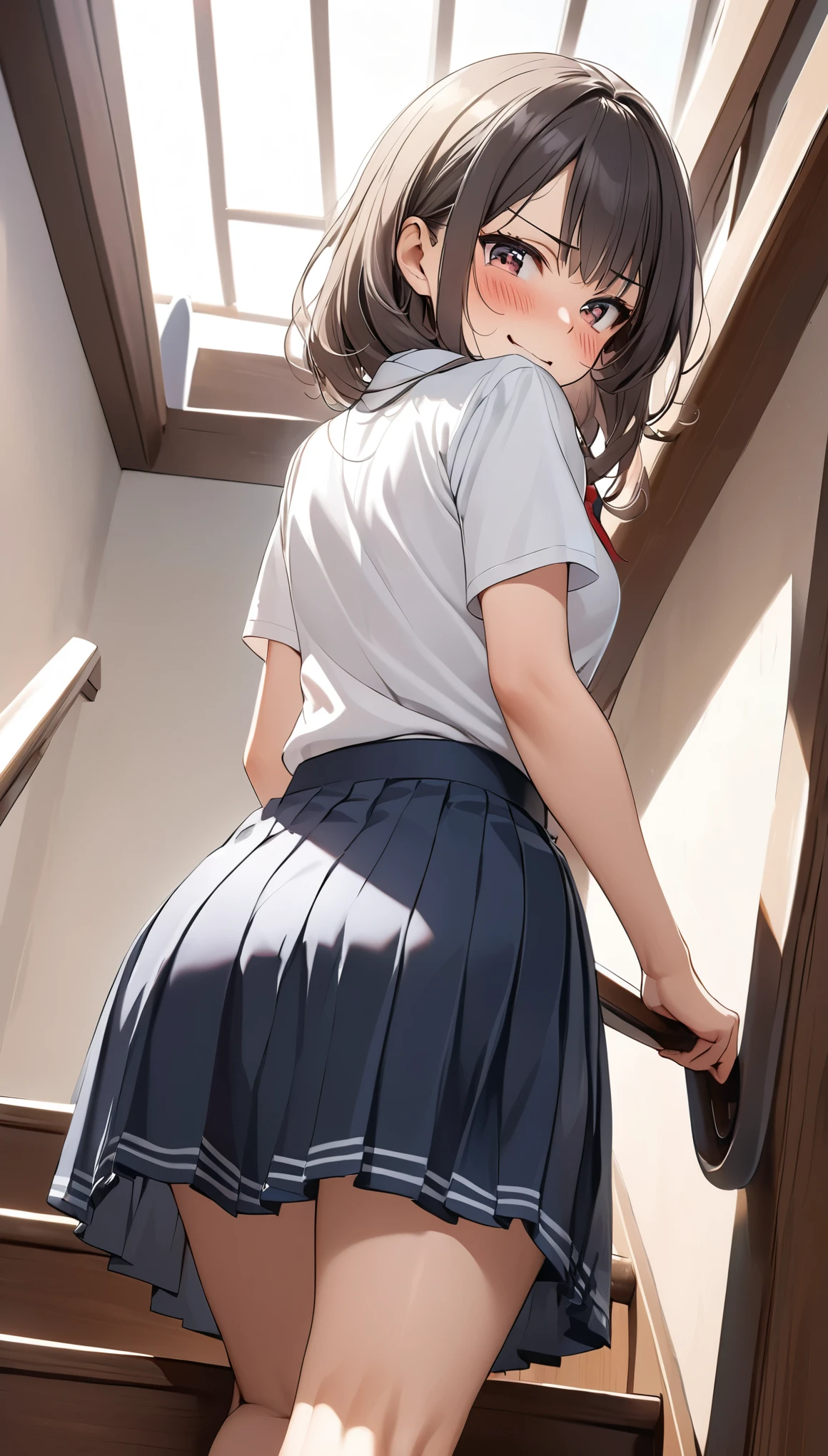 High school girl climbing the stairs, alone, Attractive mature appearance, Turn your back and look at me, (Hold down the mid-length skirt with both hands:1.5, So that underwear is not visible), Detailed and accurate, BREAK A lovely look of disgust, Mischievous Smile, blush, (Low angle shot:1.5), ARW, Cute Shyness, Underwear that seems to be visible and invisible, 