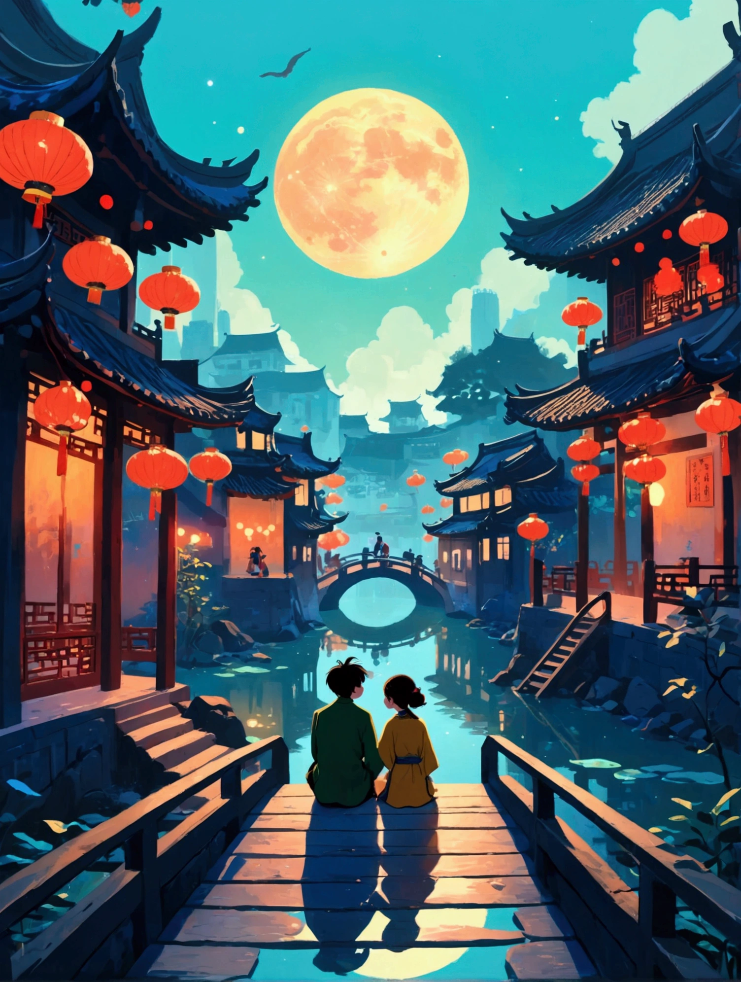 (((8k,Bright colors,Bright,Ultra high saturation,rgb, Colorful))), A man and a woman sitting on a bridge surrounded by ancient buildings decorated with lanterns at night. This building is in Chinese style, with a shining moon in the background. Below is the reflection of water. The inspiration for the animation style comes from Studio Ghibli in a beautiful fantasy world