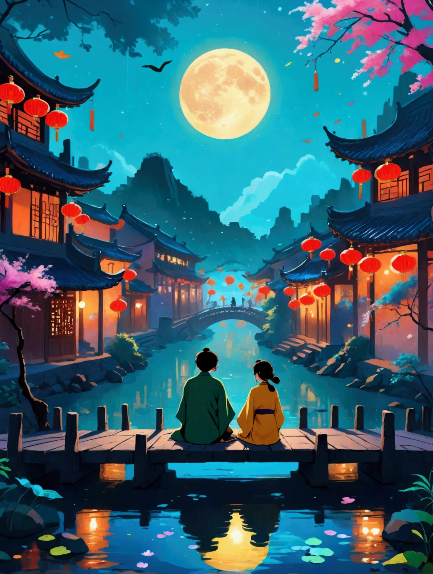 (((8k,Bright colors,Bright,Ultra high saturation,rgb, Colorful))), A man and a woman sitting on a bridge surrounded by ancient buildings decorated with lanterns at night. This building is in Chinese style, with a shining moon in the background. Below is the reflection of water. The inspiration for the animation style comes from Studio Ghibli in a beautiful fantasy world