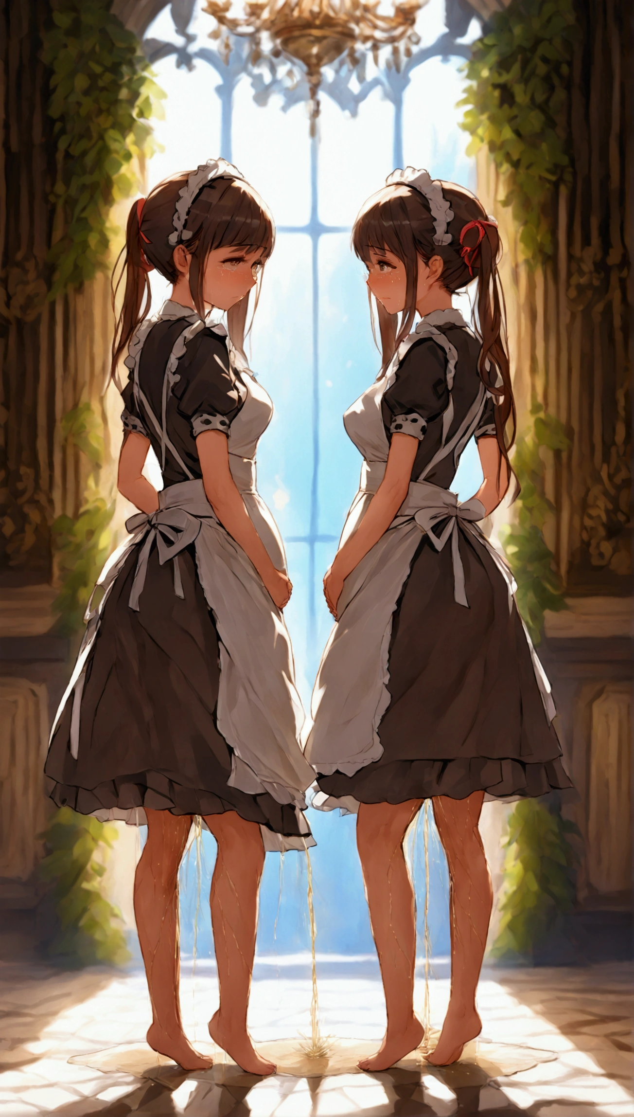 (masterpiece, Best quality, 8 K, Sharp Focus, depth of field, BEST SHADOWS, Perfect light, HDR, realistic skin texture, Ultra detailed Background, detail), anime style, harem. 2 girls. Maids. Pregnant long hair. beautiful eyes, Perfect eyes, expressive eyes, beautiful nose, perfect facial features, Ideal anatomical body. beautiful long legs. Maids uniform. medium breast, beautiful breasts. Girls cant stand straight. knees together, feet apart. They want to pee, they need to pee. They have a strong, desperate to pee They keep their hands on the crotch. They squeeze their crotches tightly. They rub their crotches. . They pee for themselves. They pee in panties. They piss on the floor. 2 girls peed while standing. Redness, Embarrassment. Offensively, There are tears in my eyes. Theyre crying. full length, in the whole body. Hall of the mansion.