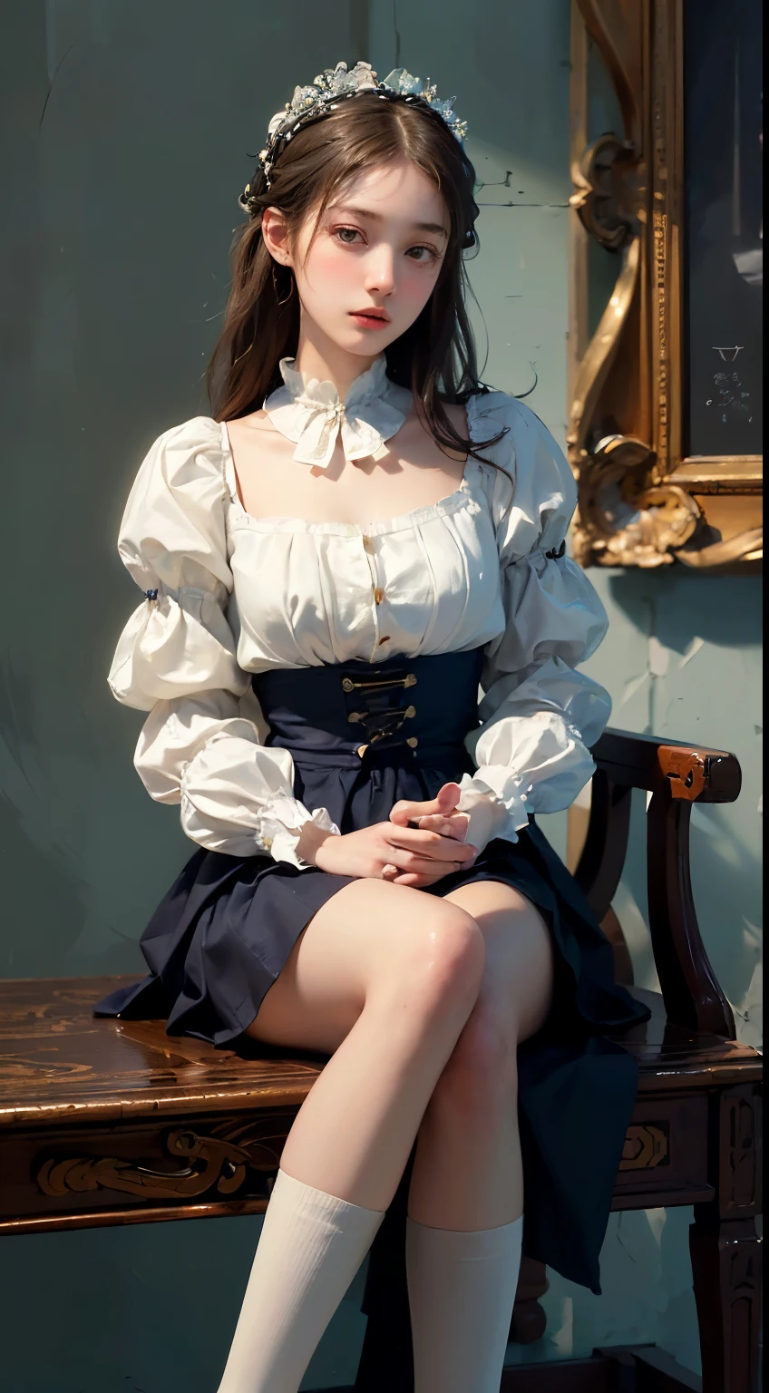 1 girl, (whole body), unknown , Detailed clothing, (Delicate illustrations:1.4),(Tabletop:1.0), (Highest quality:1.4), (Ultra-high resolution:1.2), (Realistic:1.4), (8k, RAW Photos:1.2), (Soft Focus:1.4), (18-year-old:1.3), (Sharp focus:1.4), (Renaissance art:1.4), Beautiful face in every detail, (White collar blouse, Silk White Socks, Dark Blue Skirt, Black pumps), Sit on a chair