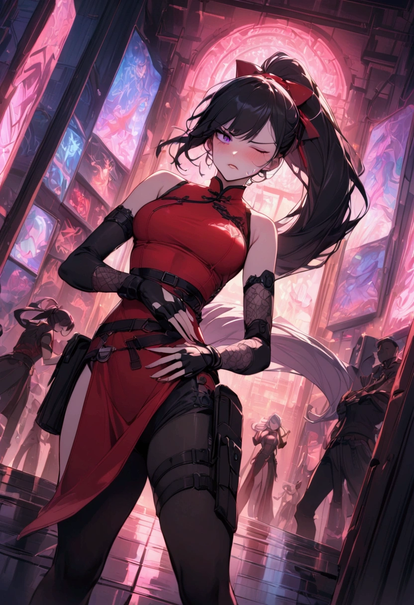 Dynamic composition,dutch angle,from side,{{masterpiece}}, {{{Highest quality}}},{{Very detailed}},{{Fight}},{{fighting stance:1.6}},{{critical situation:1.6}},{{hold down one's stomach with one's hands:1.6}},1girl,30years old,{Mature Woman}},cyberpunk,{{RED Chinese clothing:1.2}},Red sleeveless Chinese dress,pelvic curtain,black stockings,belt,black fingerless gloves,Lace arm covers,holster,{{Grit your teeth:1.4}},one eye closed, ,{{v-shaped eyebrows}},Bad mood,blush,Sweat,raise one's eyebrows ,{{View your viewers}}、Very long long hair in a ponytail.abdominal pain ,{{pain}},Inside the dojo,indoor