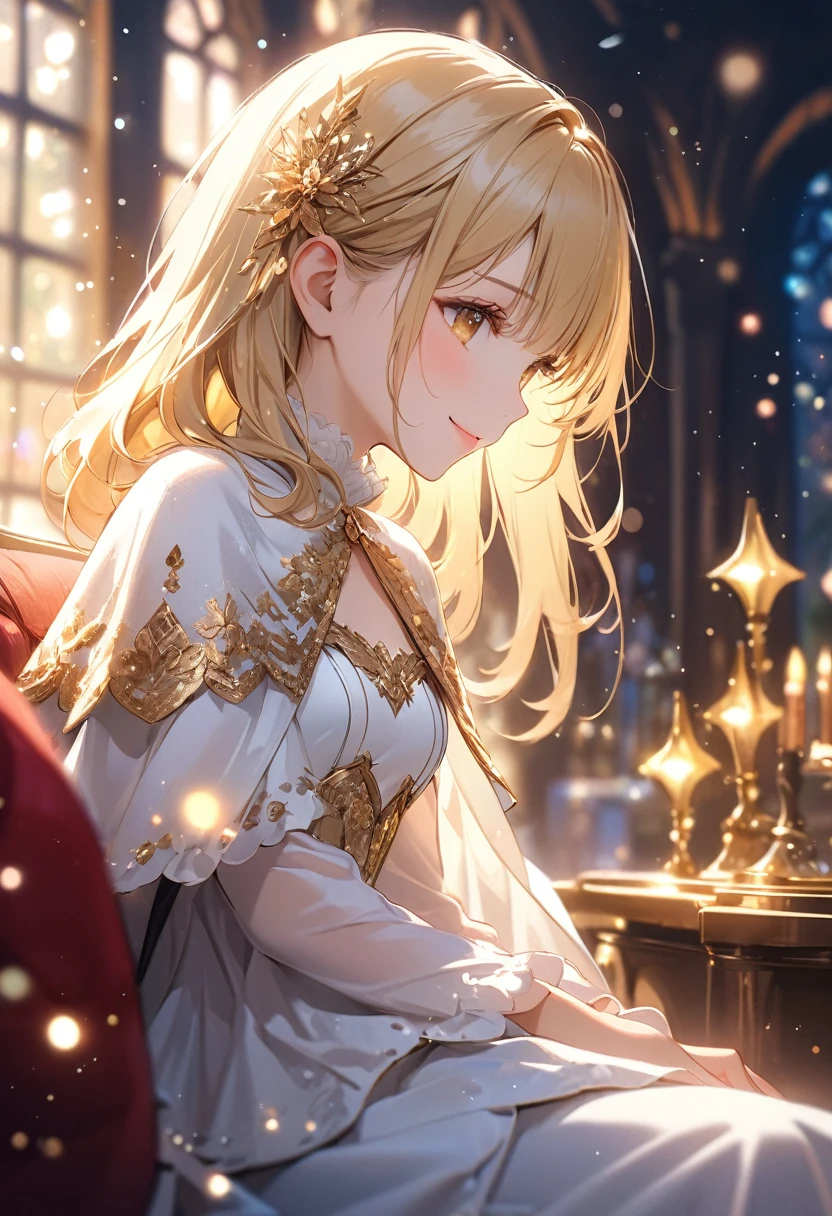 (master piece),(4k),high quality,(small breasts),1girl,long blonde hair,pale skin,smile,beautiful detailed gold eyes, (Highly detailed elegant),(white capelet fashion), Magical colors and atmosphere, Detailed skin,(cute sparkle), light particles,The background is soft and blurry,Add a dramatic and symbolic element to your scene, Depth of written boundary, Bokeh, Silky to the touch, Hyper Detail,sitting,create an ethereal atmosphere like a dream