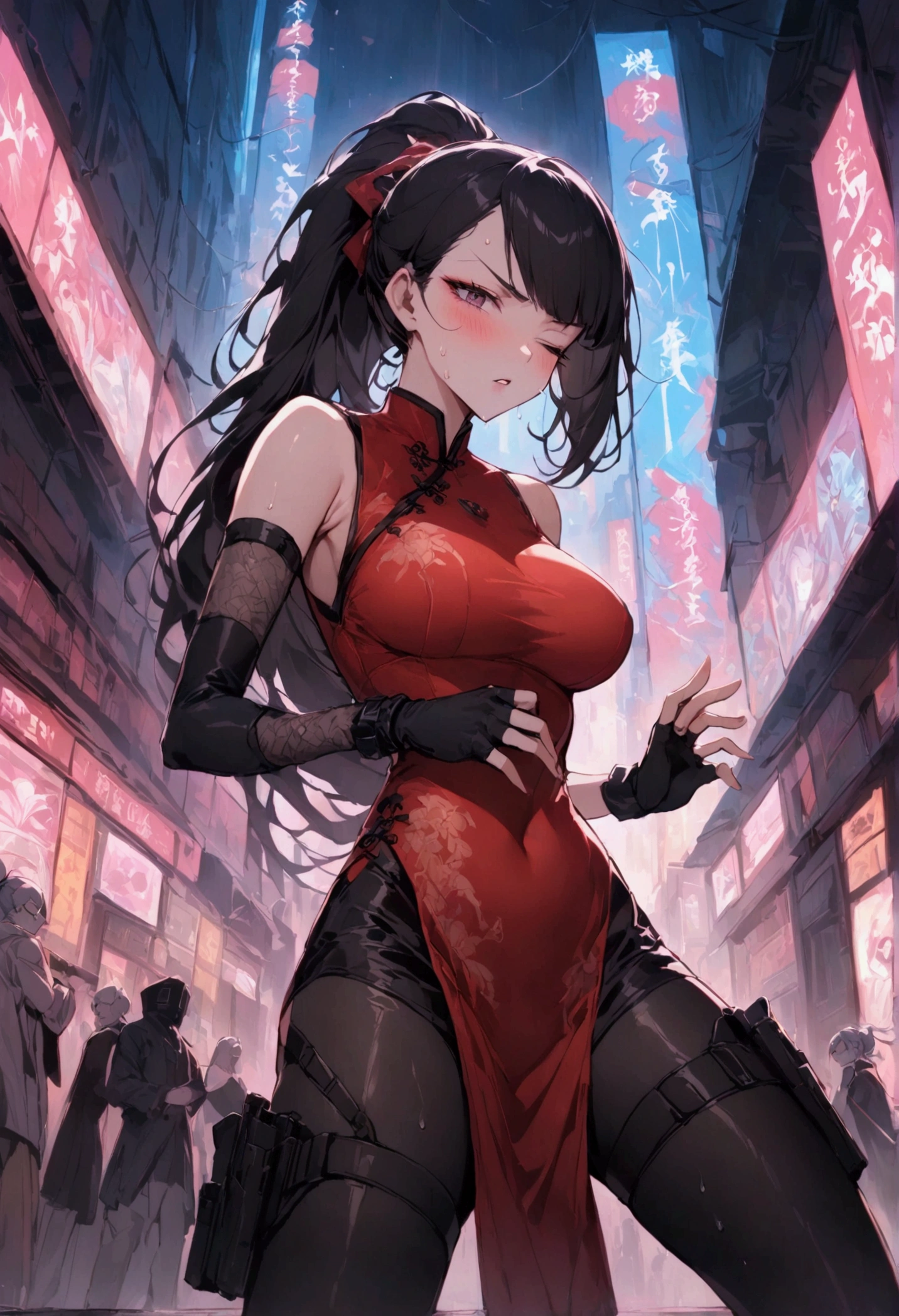 Dynamic composition,dutch angle,from side,{{masterpiece}}, {{{Highest quality}}},{{Very detailed}},{{Fight}},{{fighting stance:1.6}},{{critical situation:1.6}},{{hold down one's stomach with one's hands:1.6}},1girl,30years old,{Mature Woman}},cyberpunk,{{RED Chinese clothing:1.2}},Red sleeveless Chinese dress,pelvic curtain,black stockings,belt,black fingerless gloves,Lace arm covers,holster,{{Grit your teeth:1.4}},one eye closed, ,{{v-shaped eyebrows}},Bad mood,blush,Sweat,raise one's eyebrows ,{{View your viewers}}、Very long long hair in a ponytail.abdominal pain ,{{pain}},Inside the dojo,indoor
