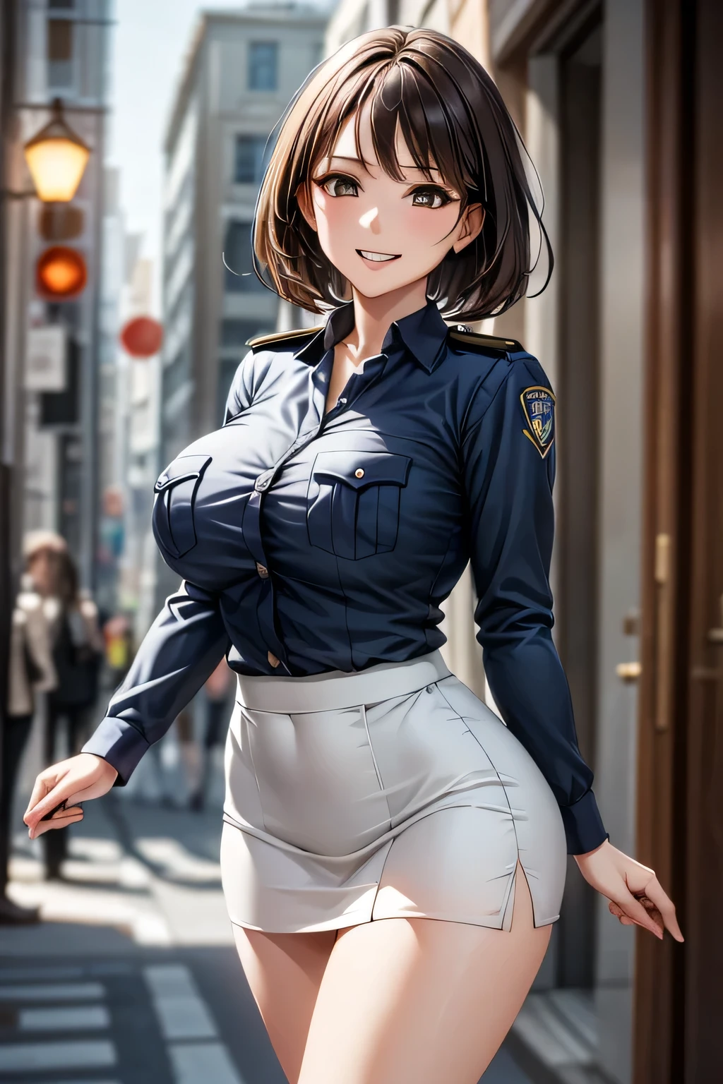 (masterpiece:1.2, Highest quality), (practical, photopractical:1.4), High-quality illustrations, (Natural Side Light, Cinema Lighting), Surrealism, 
View your viewers, 1 female, 40 years old, Perfect Face, Glowing Skin, 
(short hair, Straight hair), Brown eyes, Long eyelashes, (Large Breasts, Attractive thighs)
Beautiful Hair, Pretty face, Attention to detail, Beautiful body, Beautiful breasts, Beautiful thighs, Beautiful legs, Beautiful fingers, 
(Wear a police uniform and a short skirt),  
(Beautiful views), night, (street:1.2), walk, Sexy pose, (Cute smile, Open your lips slightly)