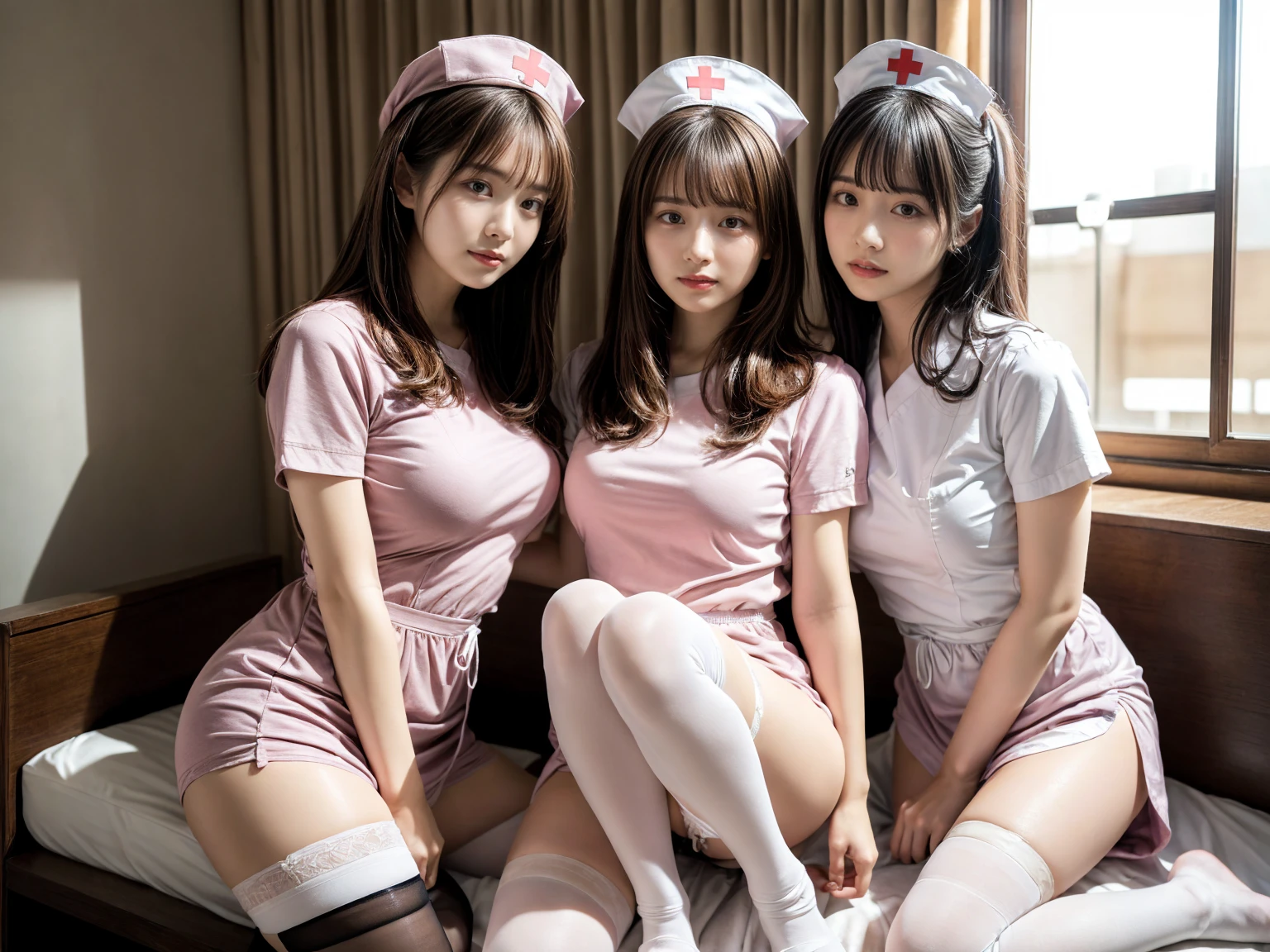 masterpiece, best quality, illustration, Super detailed, fine details, High resolution, 8K,wall paper, perfect dynamic composition,(Details High quality, realistic depiction of eyes:1.3), (3 girls), ((nurse cap, short sleeves, light pink nurse wear, ((white legwear, zettai ryouiki)))), sitting, open legs, short bob hair, in a hotel room in the background, deep on field, large breasts, black hair color, Big Natural Color Lip, (perfect body shape), crying a little、Harajuku style、20 year old girl、cute type、beautiful legs, Gravure Idol