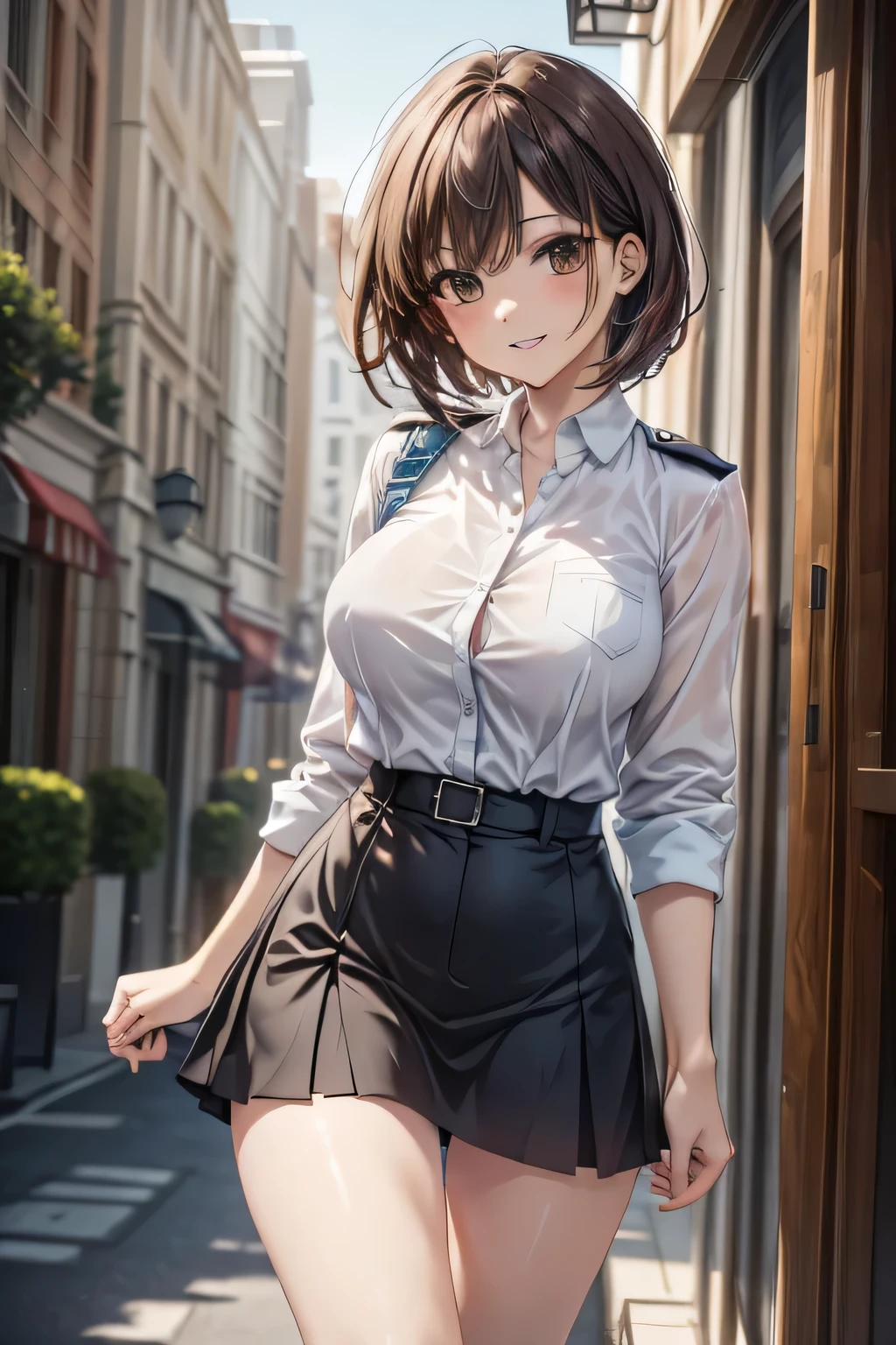 (masterpiece:1.2, Highest quality), (practical, photopractical:1.4), High-quality illustrations, (Natural Side Light, Cinema Lighting), Surrealism, 
View your viewers, 1 female, 40 years old, Perfect Face, Glowing Skin, 
(short hair, Straight hair), Brown eyes, Long eyelashes, (Large Breasts, Attractive thighs)
Beautiful Hair, Pretty face, Attention to detail, Beautiful body, Beautiful breasts, Beautiful thighs, Beautiful legs, Beautiful fingers, 
(Wear a police uniform and a short skirt),  
(Beautiful views), night, (street:1.2), walk, Sexy pose, (Cute smile, Open your lips slightly)