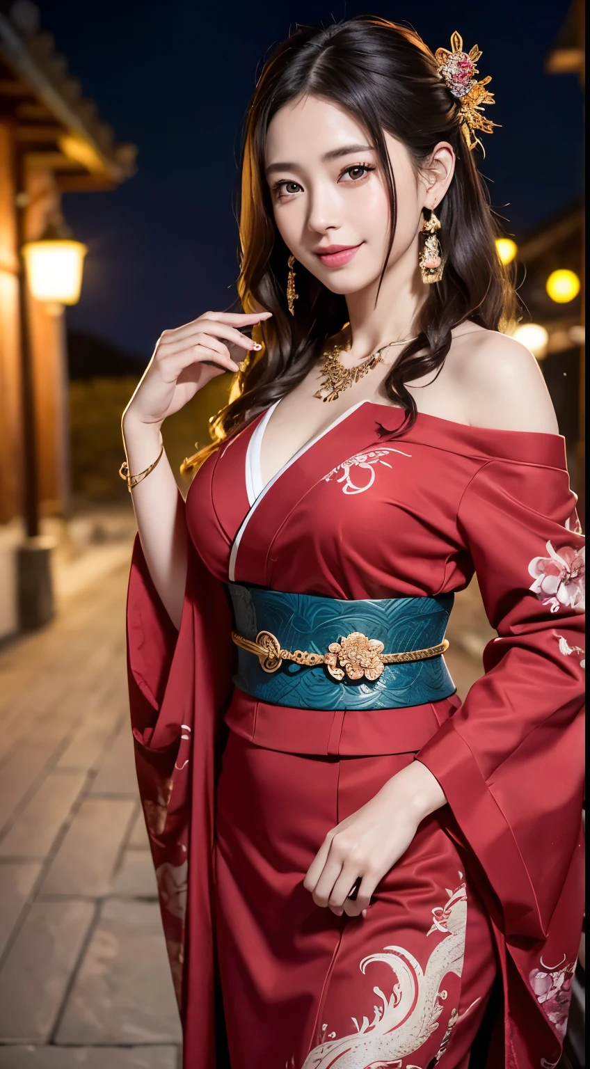 8K Ultra HD, Digital SLR,Film Grain, Fujifilm XT3,(Highest quality:1.3), (masterpiece:1.1), High resolution, Cinematic Light, Intricate details, (Realistic) (Night view) Realistic backlight、ドラマチックなredトーンの光、Beautiful Japanese Geisha full body photo, ((Facial texture Pore details)), Grin、悪魔のようなsmile, Simple messy hairstyle, 伝統的な龍のモチーフが描かれたサテンの黒いkimonoを着て, Open shoulders, Colorful dragon tattoos all over the body, Long blade, Inside a traditional villa,White-hilted Japanese sword, 8k, Front blur,Ultra HD, Digital SLR,Film Grain, Fujifilm(8k, Highest quality, masterpiece:1,2), (Realistic, Realistic:1.37), Very detailed, One Girl,), (Very detailed), (Detailed and beautiful eyes), (Highest qualityの), (Very detailed ), (masterpiece), (Detailed face),woman((19 years old)), hair((red, Wavy, length)), eye ((red eye, big eye)), Clothes((kimono,big slit, redい花柄)), accessories ((Earrings, necklace)), Huge breasts, big , smile, background,長いhair,Red Clothes,Cowboy Shot