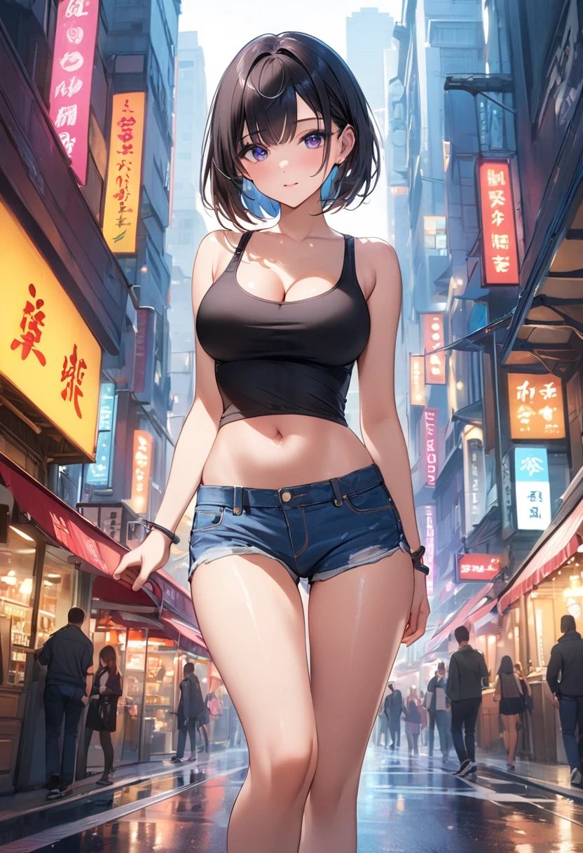 ((Highest quality))、((masterpiece))、(detailed)、((Anatomically correct))、One Woman、aldult、(look at me)、(Ultra-glossy skin with attention to detail:1.1)、Glowing Skin、bangs、Long Hair、Very Short Hair、Shiny black hair、(Beautiful Eyes:1.3)、Slim figure、Thin thighs、F Cup、Cleavage、Black tank top、Belly button、Denim shorts、sneakers、City