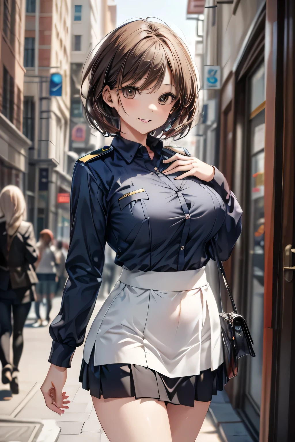 (masterpiece:1.2, Highest quality), (practical, photopractical:1.4), High-quality illustrations, (Natural Side Light, Cinema Lighting), Surrealism, 
View your viewers, 1 female, 40 years old, Perfect Face, Glowing Skin, 
(short hair, Straight hair), Brown eyes, Long eyelashes, (Large Breasts, Attractive thighs)
Beautiful Hair, Pretty face, Attention to detail, Beautiful body, Beautiful breasts, Beautiful thighs, Beautiful legs, Beautiful fingers, 
(Wear a police uniform and a short skirt),  
(Beautiful views), night, (street:1.2), walk, Sexy pose, (Cute smile, Open your lips slightly)