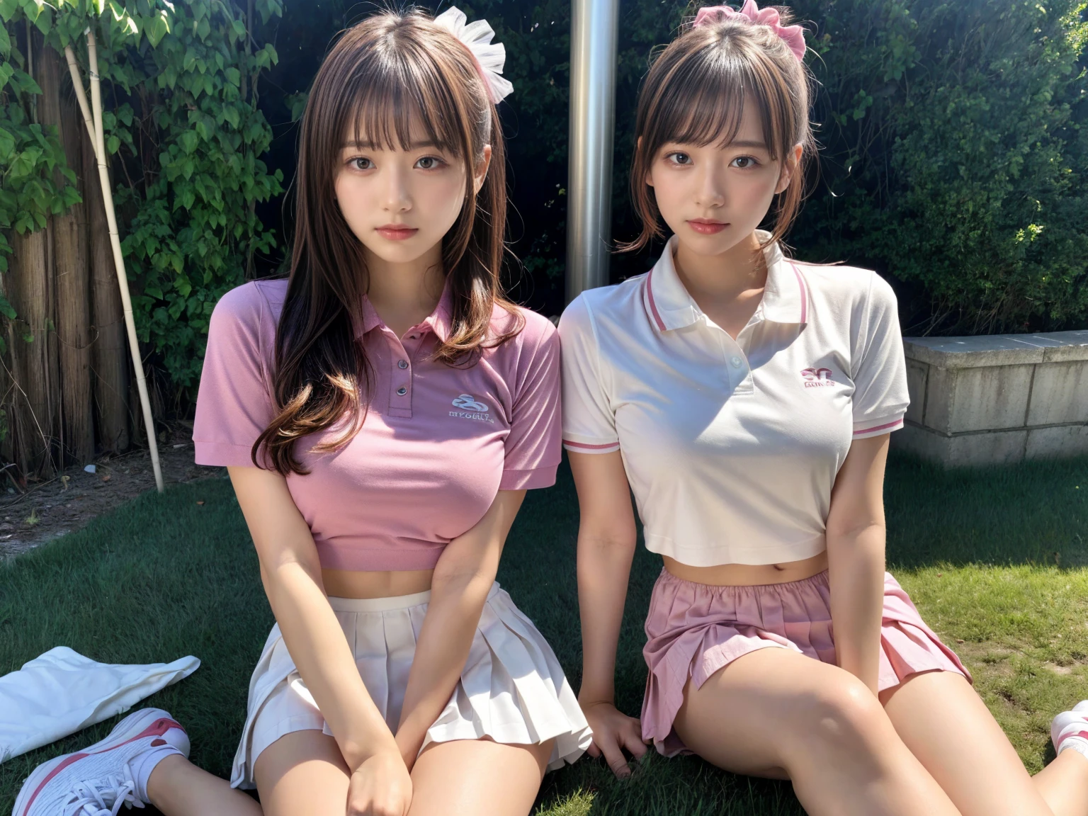 masterpiece, best quality, illustration, Super detailed, fine details, High resolution, 8K,wall paper, perfect dynamic composition,(Details High quality, realistic depiction of eyes:1.3), (2 girls), BREAK (white theme:1.4), (tucked-out short sleeve white polo shirt:1.4), (pink lines on tops outline:1.3), (pure white pleated mini skirt:1.3), (hem of top covers top half of skirt:1.3), (pink fluffy scrunchie on wrist:1.3), (white and pink sports shoes:1.2), sitting, open legs, short bob hair, in a hotel room in the background, deep on field, (large breasts:1.2), black hair color, Big Natural Color Lip, (perfect body shape), crying a little、Harajuku style、20 year old girl、cute type、beautiful legs, Gravure Idol