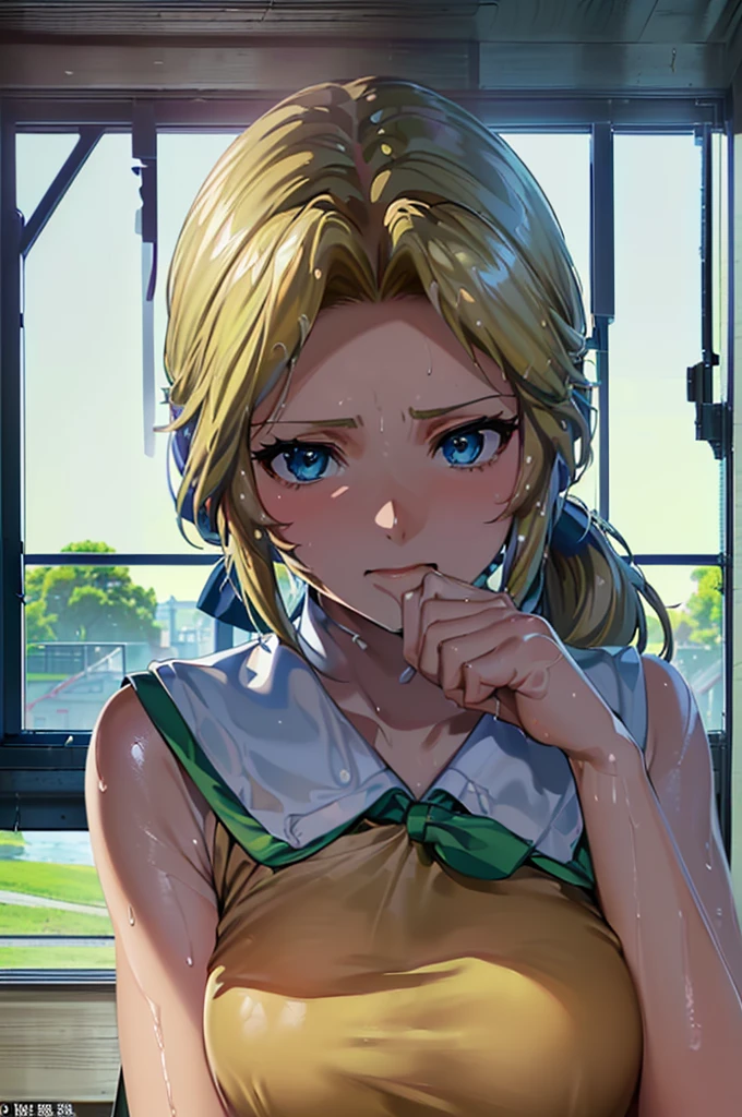 Masterpiece ((woman,The facial expression is accurate,Anime style face,greenish blue eyes )) Group (((((Location: School classroom))))) (((((The place is school))))) (((((womanは授業を受けている))))) 8k(((((high school girl))))) 8k(((((Wet))))) 8k(((((Close-up of face)))))8k(I am giving you a letter called a love letter.)