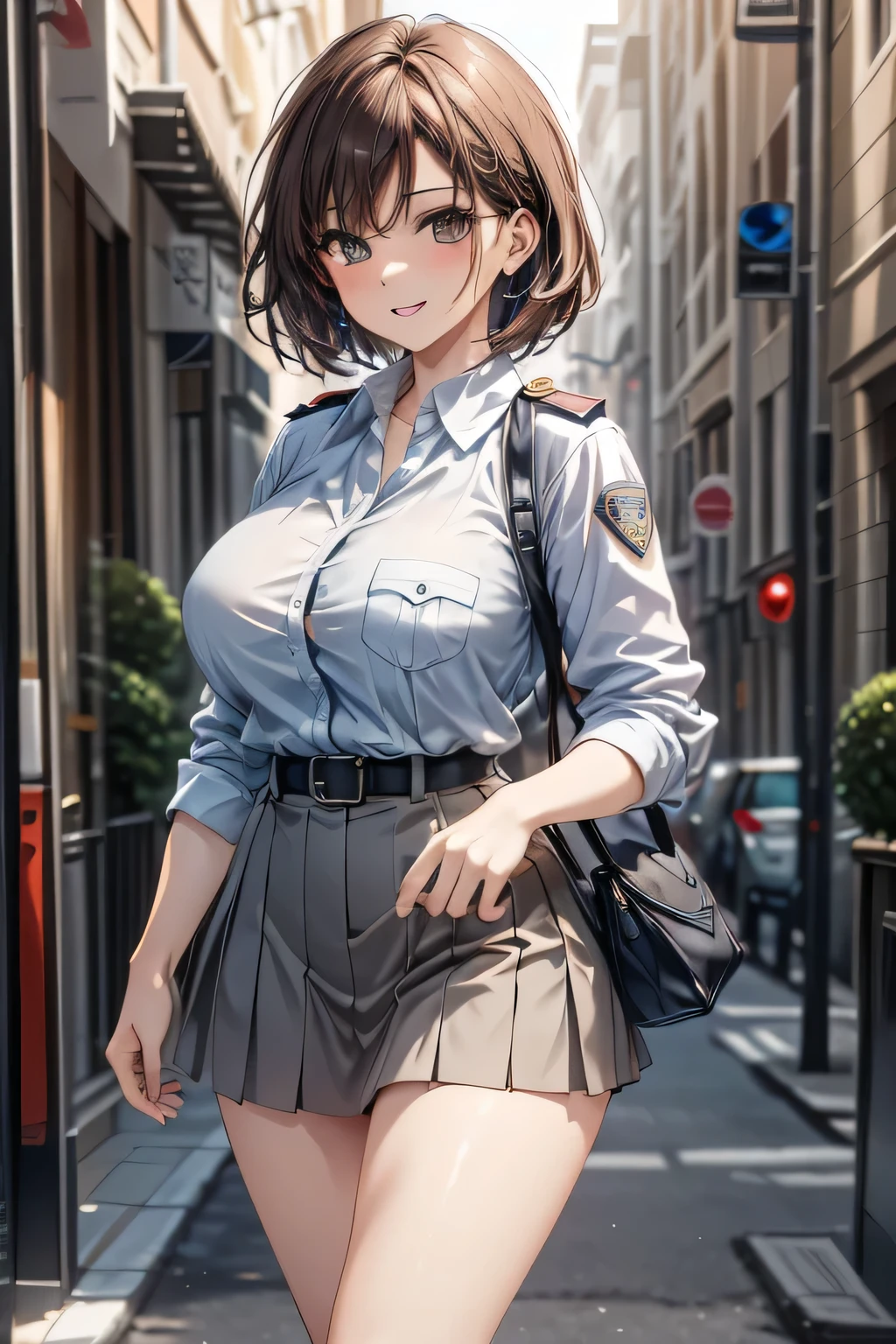 (masterpiece:1.2, Highest quality), (practical, photopractical:1.4), High-quality illustrations, (Natural Side Light, Cinema Lighting), Surrealism, 
View your viewers, 1 female, 40 years old, Perfect Face, Glowing Skin, 
(short hair, Straight hair), Brown eyes, Long eyelashes, (Large Breasts, Attractive thighs)
Beautiful Hair, Pretty face, Attention to detail, Beautiful body, Beautiful breasts, Beautiful thighs, Beautiful legs, Beautiful fingers, 
(Wear a police uniform and a short skirt),  
(Beautiful views), night, (street:1.2), walk, Sexy pose, (Cute smile, Open your lips slightly)