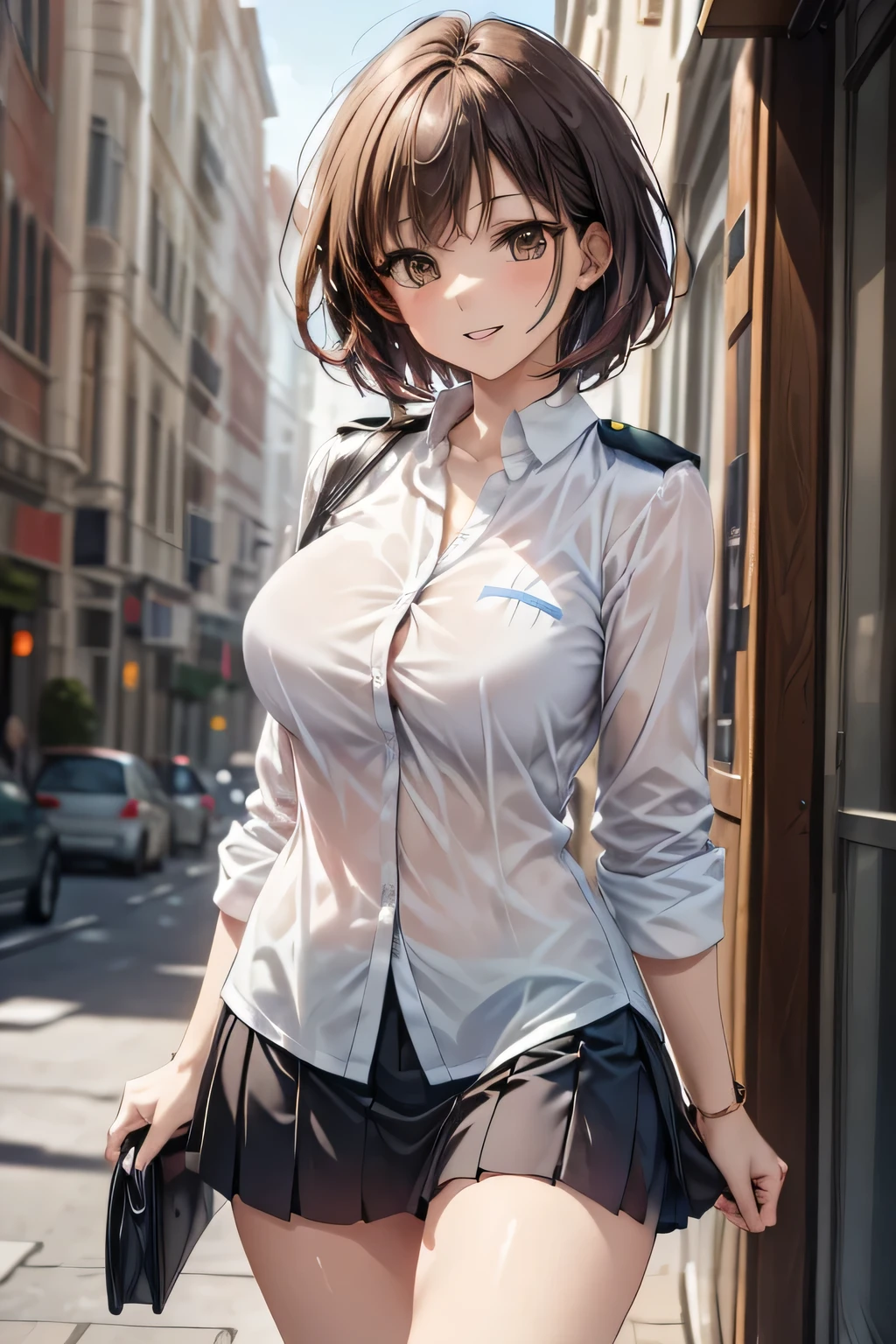 (masterpiece:1.2, Highest quality), (practical, photopractical:1.4), High-quality illustrations, (Natural Side Light, Cinema Lighting), Surrealism, 
View your viewers, 1 female, 40 years old, Perfect Face, Glowing Skin, 
(short hair, Straight hair), Brown eyes, Long eyelashes, (Large Breasts, Attractive thighs)
Beautiful Hair, Pretty face, Attention to detail, Beautiful body, Beautiful breasts, Beautiful thighs, Beautiful legs, Beautiful fingers, 
(Wear a police uniform and a short skirt),  
(Beautiful views), night, (street:1.2), walk, Sexy pose, (Cute smile, Open your lips slightly)