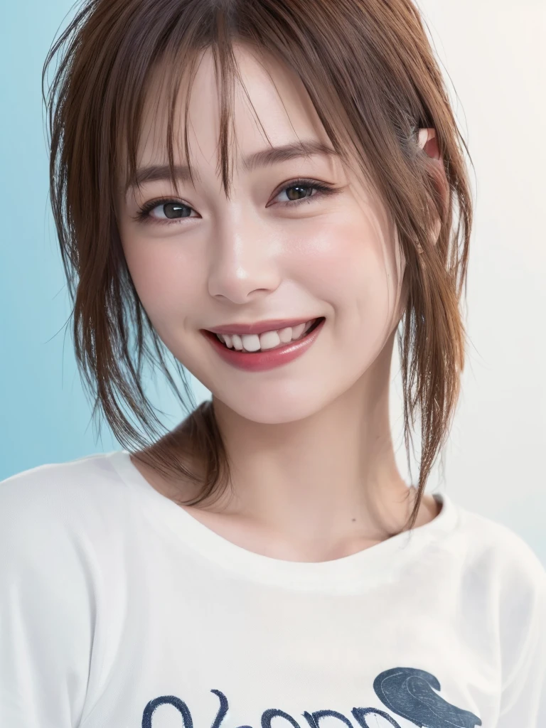 (Highest quality、8k、32K、masterpiece)、(RAW Photos)、(Realisticな)、(High resolution)、Very detailedな、Very beautiful face and eyes、One Girl、Round and small face、Delicate body、(Highest quality、Rich skin detail、Highest quality、8k)、Very detailed、(Realistic、Realistic:1.37)、Vibrant colors、(((Laughter)))、(((blonde)))、(((Pulling up bangs)))、(((smile)))、(((Cowboy Shot)))、(((Frame In)))、(((White Background)))、((Medium Hair))、(((Pure white wall background)))、(((blonde)))、(((Wearing a T-shirt with a pop design)))、(((Brown and light blue T-shirt)))、(((Pure white wall background)))、