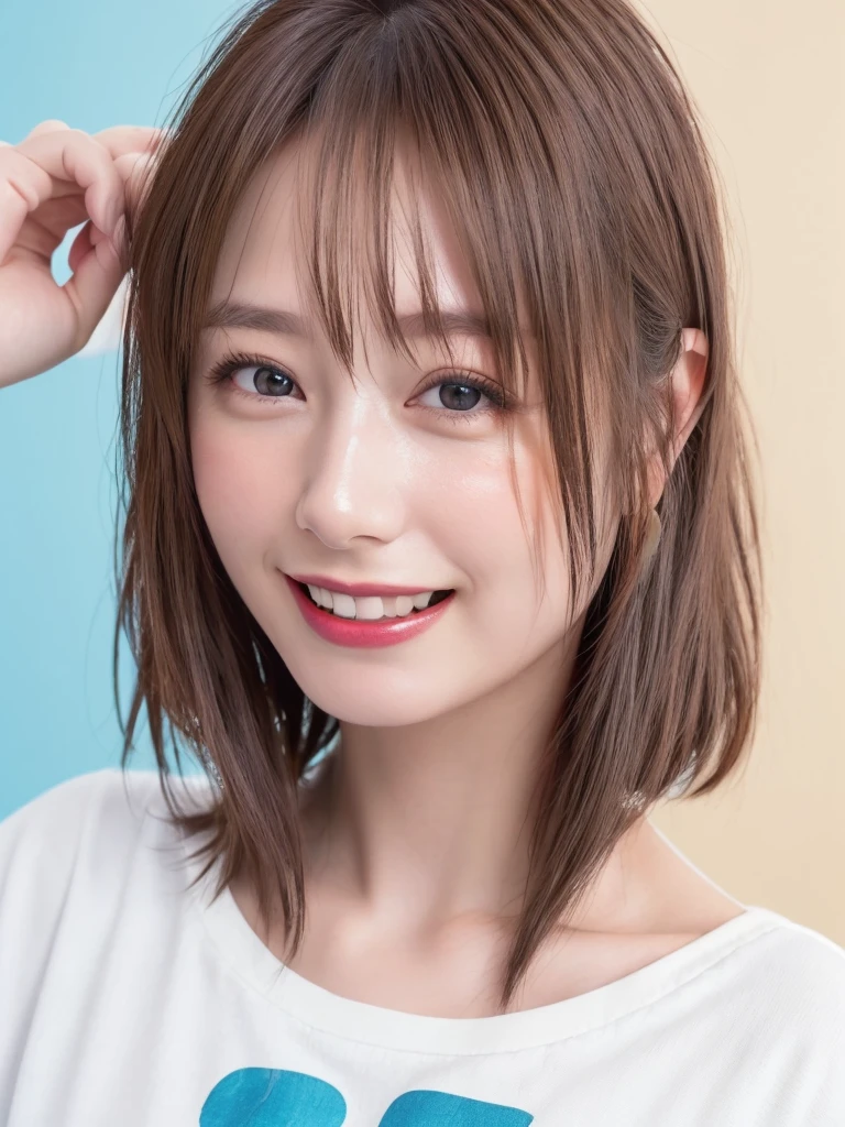 (Highest quality、8k、32K、masterpiece)、(RAW Photos)、(Realisticな)、(High resolution)、Very detailedな、Very beautiful face and eyes、One Girl、Round and small face、Delicate body、(Highest quality、Rich skin detail、Highest quality、8k)、Very detailed、(Realistic、Realistic:1.37)、Vibrant colors、(((Laughter)))、(((blonde)))、(((Pulling up bangs)))、(((smile)))、(((Cowboy Shot)))、(((Frame In)))、(((White Background)))、((Medium Hair))、(((Pure white wall background)))、(((blonde)))、(((Wearing a T-shirt with a pop design)))、(((Brown and light blue T-shirt)))、(((Pure white wall background)))、