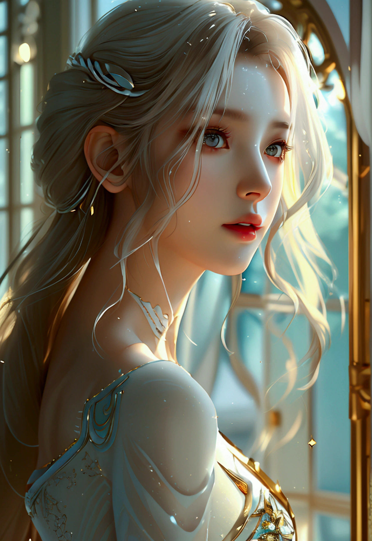 4K, UHD, Masterpiece, 1 woman, perfect body, Good page., long hairมาก, ((white skin)), Korean dress, bare waist, Fuji Color, window, depth of field, Ray Tracing, Ultra Realistic Details, Attractive poses,She has a slim, beautiful, and delicate face.., sharp eyes, long hair, responsive face, high nose, and thin lips, Her skin was white and radiant.., She has light brown hair.., And her figure was slim and slightly muscular., detailed clothing Fine texture glowing sunlight Tyndall effect High contrast between light and dark, professional, very special details. Physical rendering, bright colors, studio lighting