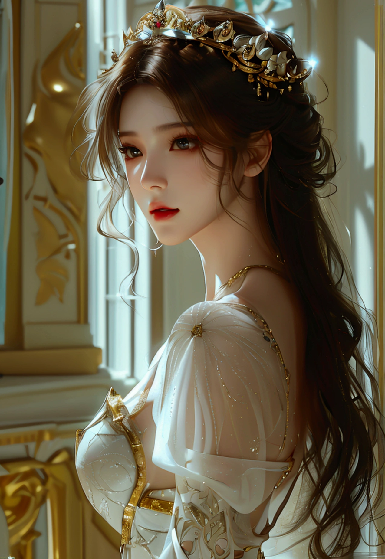 4K, UHD, Masterpiece, 1 woman, perfect body, Good page., long hairมาก, ((white skin)), Korean dress, bare waist, Fuji Color, window, depth of field, Ray Tracing, Ultra Realistic Details, Attractive poses,She has a slim, beautiful, and delicate face.., sharp eyes, long hair, responsive face, high nose, and thin lips, Her skin was white and radiant.., She has light brown hair.., And her figure was slim and slightly muscular., detailed clothing Fine texture glowing sunlight Tyndall effect High contrast between light and dark, professional, very special details. Physical rendering, bright colors, studio lighting