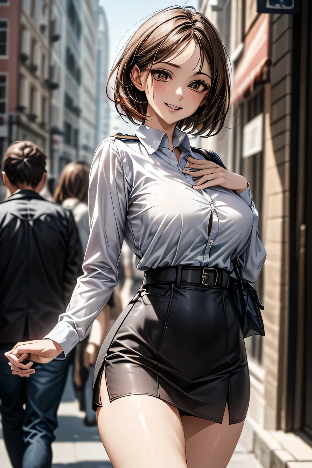 (masterpiece:1.2, Highest quality), (practical, photopractical:1.4), High-quality illustrations, (Natural Side Light, Cinema Lighting), Surrealism, 
View your viewers, 1 female, 40 years old, Perfect Face, Glowing Skin, 
(short hair, Straight hair), Brown eyes, Long eyelashes, (Large Breasts, Attractive thighs)
Beautiful Hair, Pretty face, Attention to detail, Beautiful body, Beautiful breasts, Beautiful thighs, Beautiful legs, Beautiful fingers, 
(Wear a police uniform and a short skirt),  
(Beautiful views), night, (street:1.2), walk, Sexy pose, (Cute smile, Open your lips slightly)