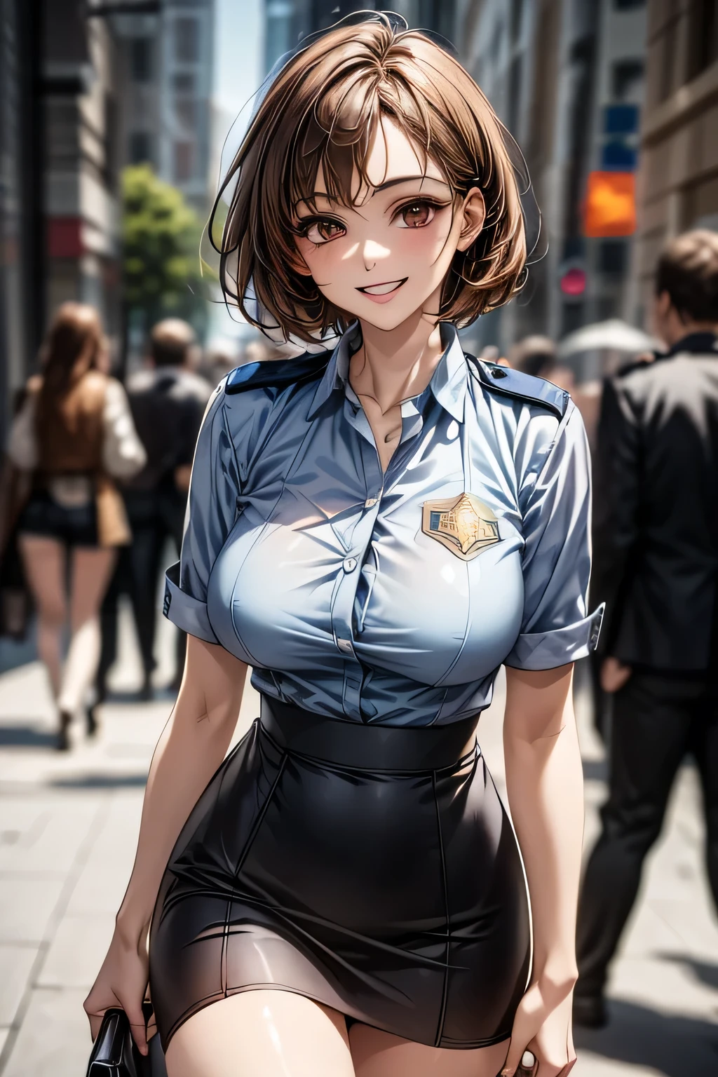 (masterpiece:1.2, Highest quality), (practical, photopractical:1.4), High-quality illustrations, (Natural Side Light, Cinema Lighting), Surrealism, 
View your viewers, 1 female, 40 years old, Perfect Face, Glowing Skin, 
(short hair, Straight hair), Brown eyes, Long eyelashes, (Large Breasts, Attractive thighs)
Beautiful Hair, Pretty face, Attention to detail, Beautiful body, Beautiful breasts, Beautiful thighs, Beautiful legs, Beautiful fingers, 
(Wear a police uniform and a short skirt),  
(Beautiful views), night, (street:1.2), walk, Sexy pose, (Cute smile, Open your lips slightly)