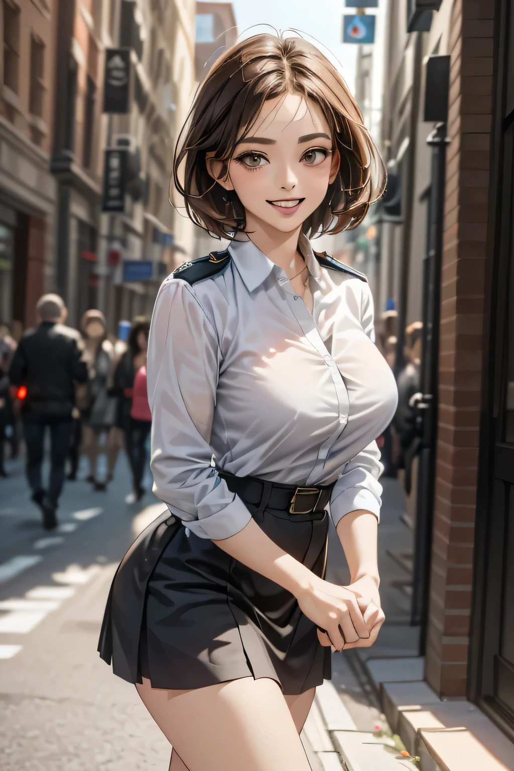 (masterpiece:1.2, Highest quality), (practical, photopractical:1.4), High-quality illustrations, (Natural Side Light, Cinema Lighting), Surrealism, 
View your viewers, 1 female, 40 years old, Perfect Face, Glowing Skin, 
(short hair, Straight hair), Brown eyes, Long eyelashes, (Large Breasts, Attractive thighs)
Beautiful Hair, Pretty face, Attention to detail, Beautiful body, Beautiful breasts, Beautiful thighs, Beautiful legs, Beautiful fingers, 
(Wear a police uniform and a short skirt),  
(Beautiful views), night, (street:1.2), walk, Sexy pose, (Cute smile, Open your lips slightly)
