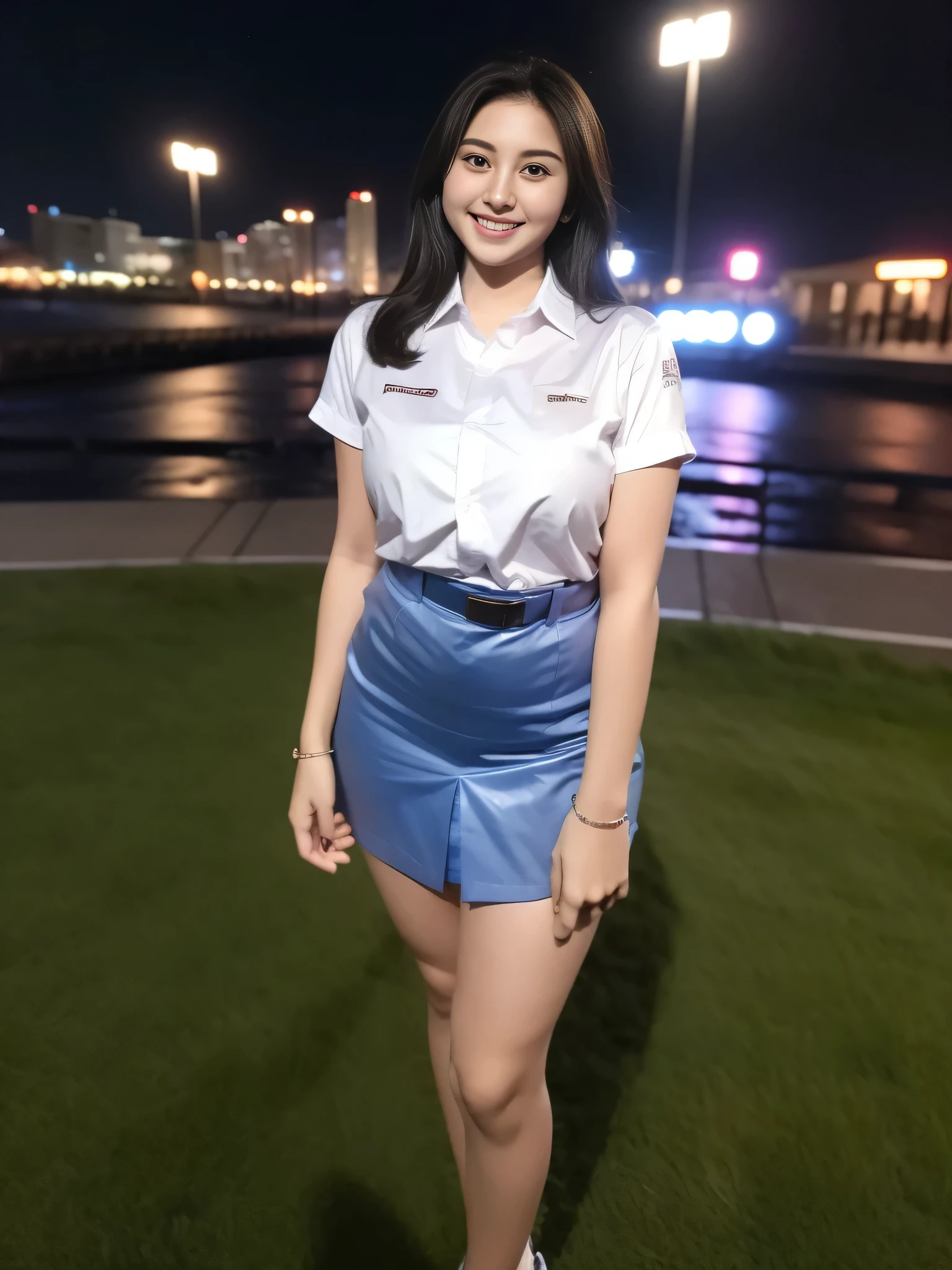 1girl, (uniform), standing, outdoors, night view, detailed Metropolitan city at the background, (Overhead view:1.2), (zoom out: 1.1), detailed face, cute little smile, detailed eyes, thick large breasts, smooth realistic skin, semi-curvy body, white shirt, grey blue short skirt, looking at the audience, (8k, RAW photo, best quality, masterpiece: 1.2), (realistic, realistic: 1.37), ultra-high resolution