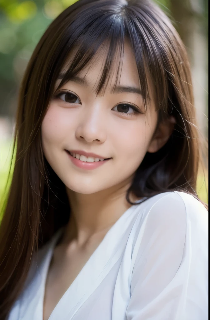 best quality, face focus, soft light, ultra high res, (photorealistic:1.4), RAW photo,(Shinozaki Ai),
1japanese girl, solo, cute, kawaii, smile, (pupil, lights in the eyes), detailed beautiful face, (busty),(high resolution detail of human skin texture),(long hair),(portrait), chest up, white traditional kimono, in the forest,