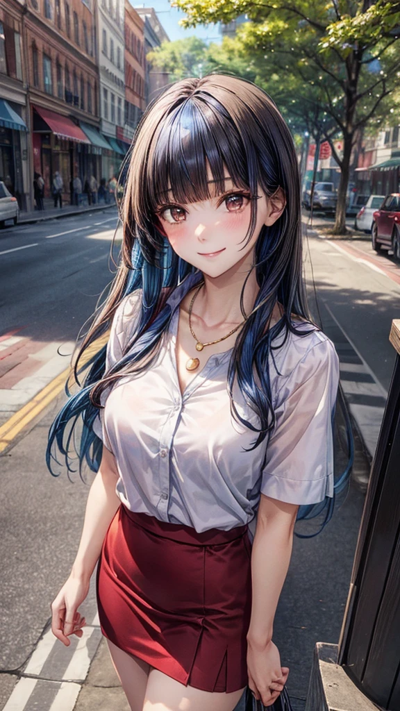 ((Highest quality, High resolution, masterpiece, detailed)),
Cowboy Shot, Written boundary depth, View your audience, Anatomically correct, 1people, woman, Perfect Face, Cute and symmetrical face, Shiny skin,
(Long Hair, Blue Hair, Blunt bangs), Chestnut brown eyes, (Large Breasts:0.8),
Beautiful details, Beautiful Hair, Beautiful Face, Beautiful clavicle, Beautiful body, Beautiful breasts, Beautiful thighs, Beautiful feet,
(White collared shirt, Red short pencil skirt, Golden Necklace),
(Beautiful views), walk, Tree-lined street, (Cute Smile),