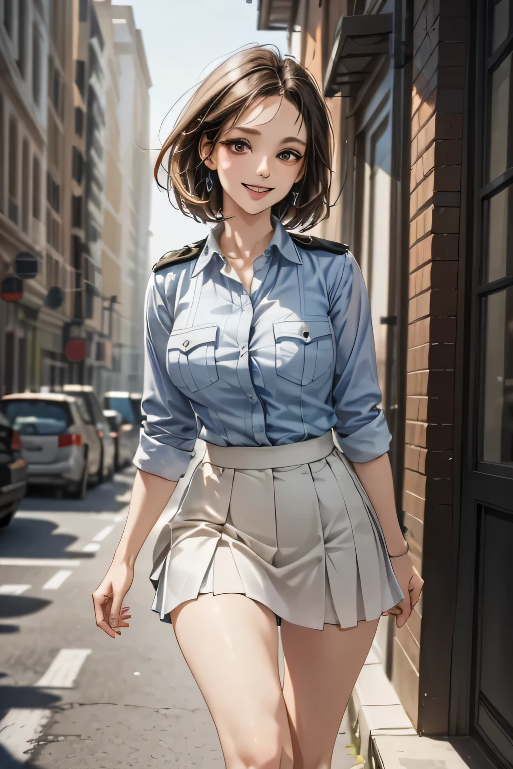 (masterpiece:1.2, Highest quality), (practical, photopractical:1.4), High-quality illustrations, (Natural Side Light, Cinema Lighting), Surrealism, 
View your viewers, 1 female, 40 years old, Perfect Face, Glowing Skin, 
(short hair, Straight hair), Brown eyes, Long eyelashes, (Large Breasts, Attractive thighs)
Beautiful Hair, Pretty face, Attention to detail, Beautiful body, Beautiful breasts, Beautiful thighs, Beautiful legs, Beautiful fingers, 
(Wear a police uniform and a short skirt),  
(Beautiful views), night, (street:1.2), walk, Sexy pose, (Cute smile, Open your lips slightly)